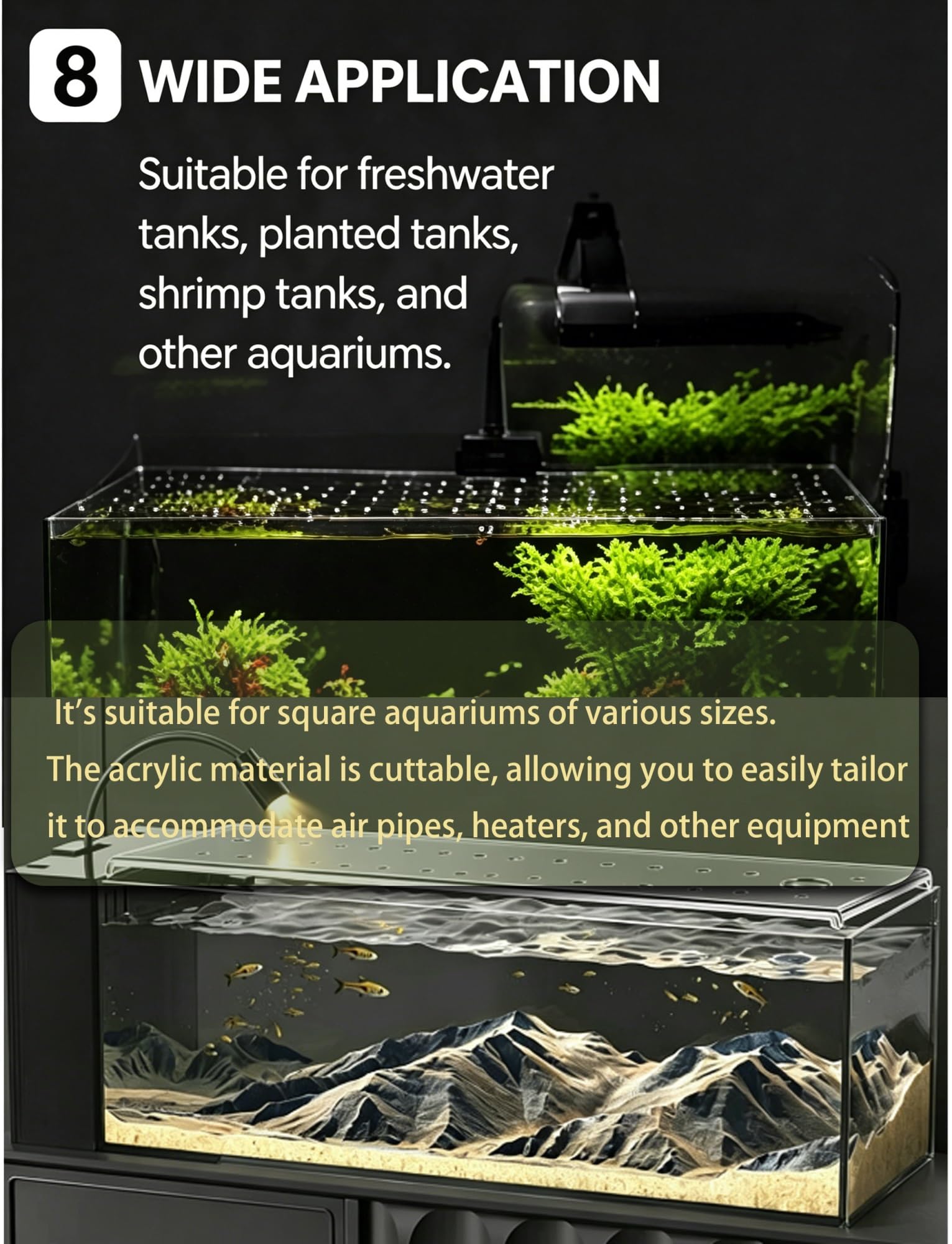 Couvercle d'aquarium 18x8 20x10 28x18 32x14 pouces, couvercle d'aquarium en acrylique transparent épais de 4mm, couvercle d'aquarium anti-saut découpable, différentes tailles(19.7x11.8in/50x30cm)