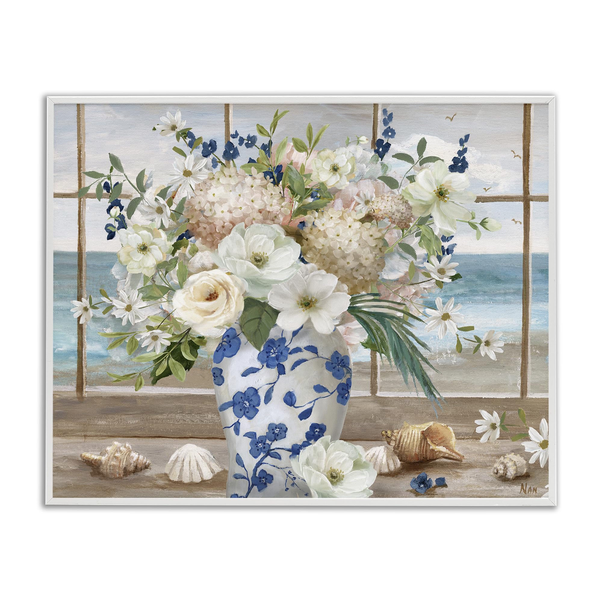 Stupell Industries Coastal White (Textured) Seashells Flowers Windowsill, 24 X 30 Inch Framed Giclée Print