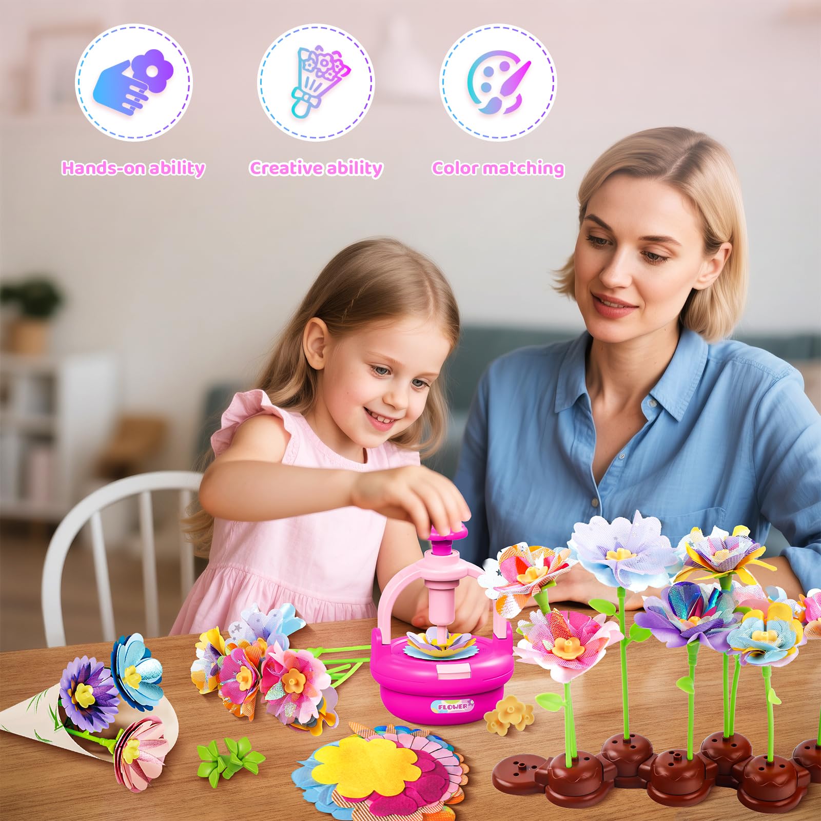 Plunack Activité Manuelle Fille 3 4 5 6 7 8 9 Ans, Kit Création Bouquet de Fleurs DIY, Jouet Fleurs Enfant, Bricolage Créatif et Cadeau Anniversaire Filles