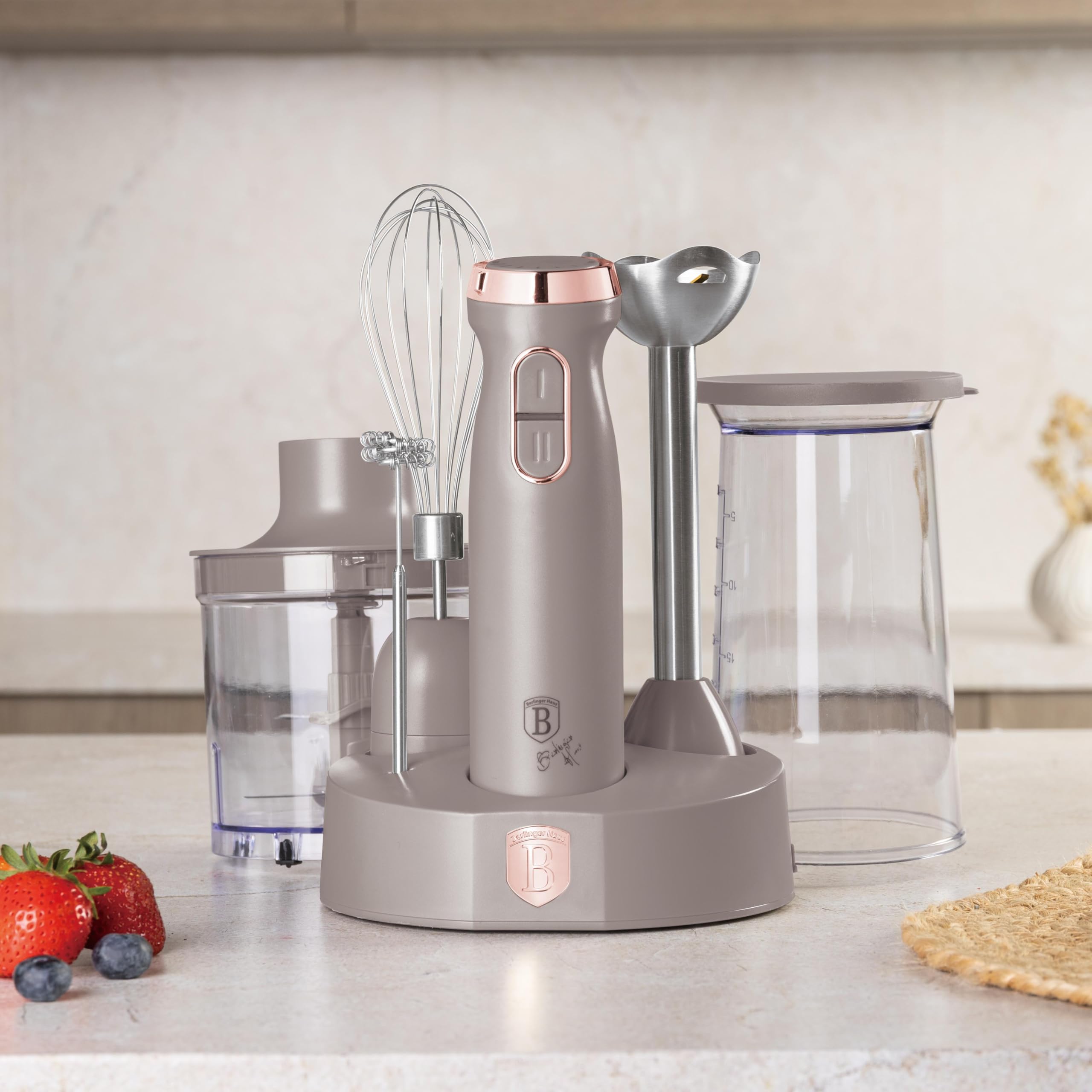 Berlinger Haus Batidora de Mano 6 en 1, 800W, Control de Velocidad Variable, Cuchilla de Titanio, Accesorios Incluidos, Acero Inoxidable, Color Taupe Mate