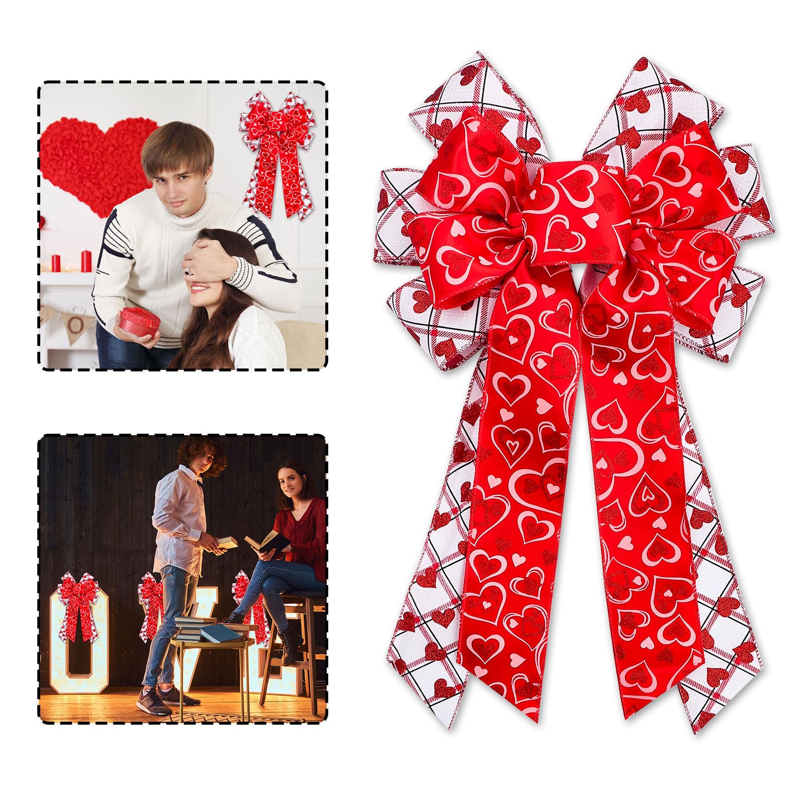 Habbiful Large Mother's Day Bow for Wreath, Spring Red Heart Wreath Bow for Front Door Red White Buffalo Plaid Bow for Mother's Day Anniversary Wedding Party Home Decoration