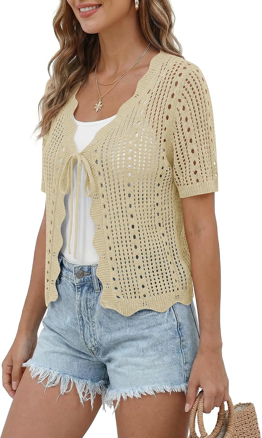 COCCKO Womens Crochet Cardigan Short Sleeve Cropped Tie Front Shrug Sweater image 2