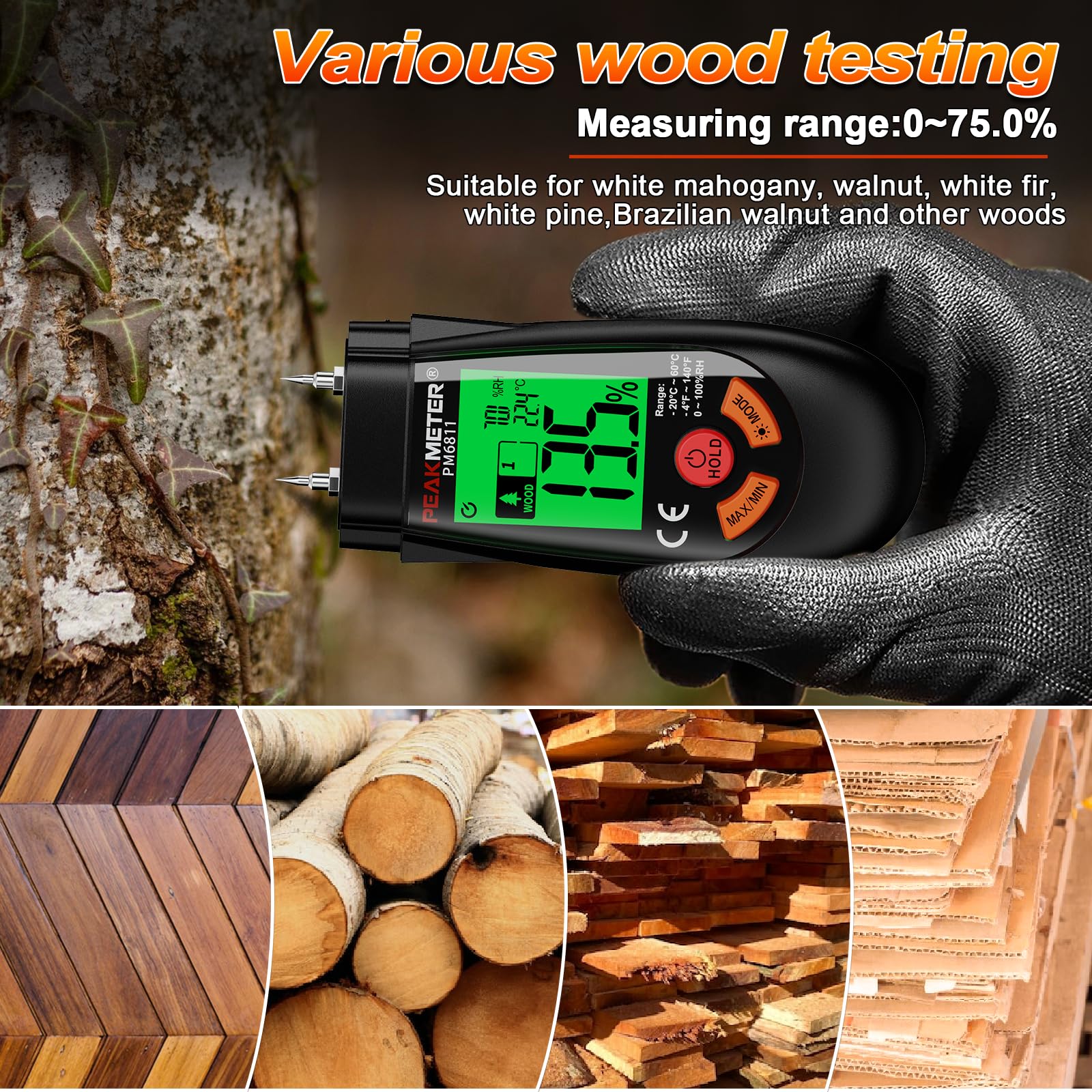 COCZOW Moisture Meter, 6 Modes Damp Meter Detector, Wood Wall Paper Moisture Tester with LCD Backlit, MAX/MIN & Hold Function - Image 3