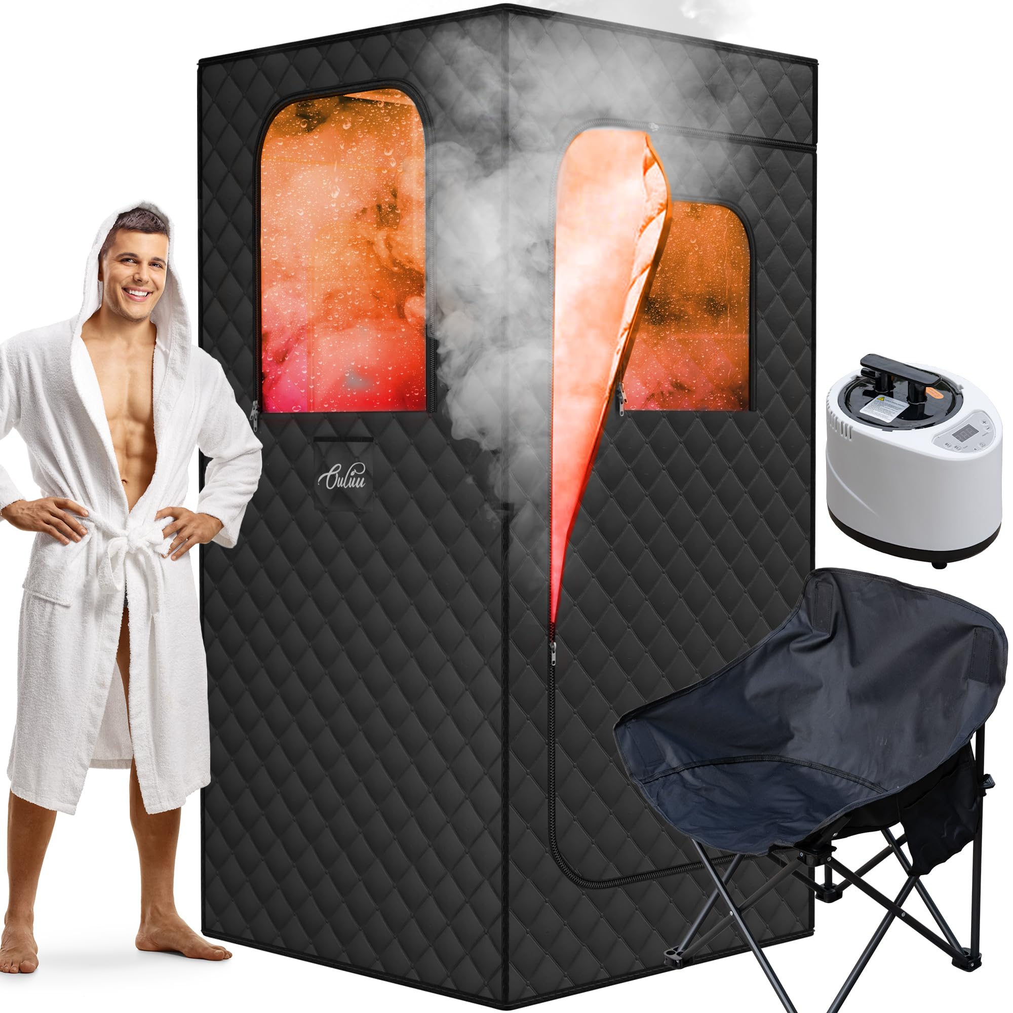 Portable Sauna for Home, Sauna Box with 2.6L Steamer, Personal Sauna with Big Sauna Chair, Remote Control, Oxford Fabric, 2.6’ x 2.6’ x 5.9’, Black, 1000W