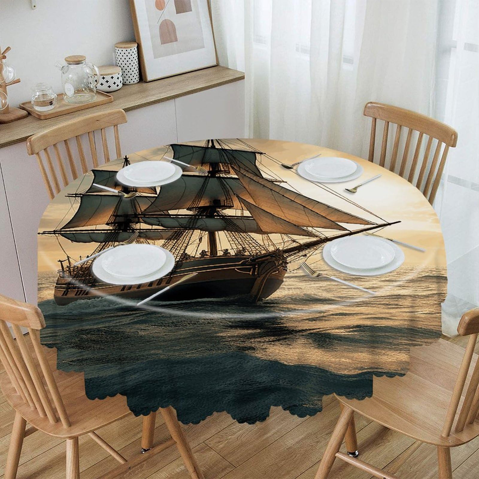 VstaDank Ship Sailing Alone Round Tablecloth Premium Polyester Table Cloth Heavy Duty Washable Fabric Tablecloth Waterproof Holiday Table Cover Decorative Tablecloths for Dining 60"