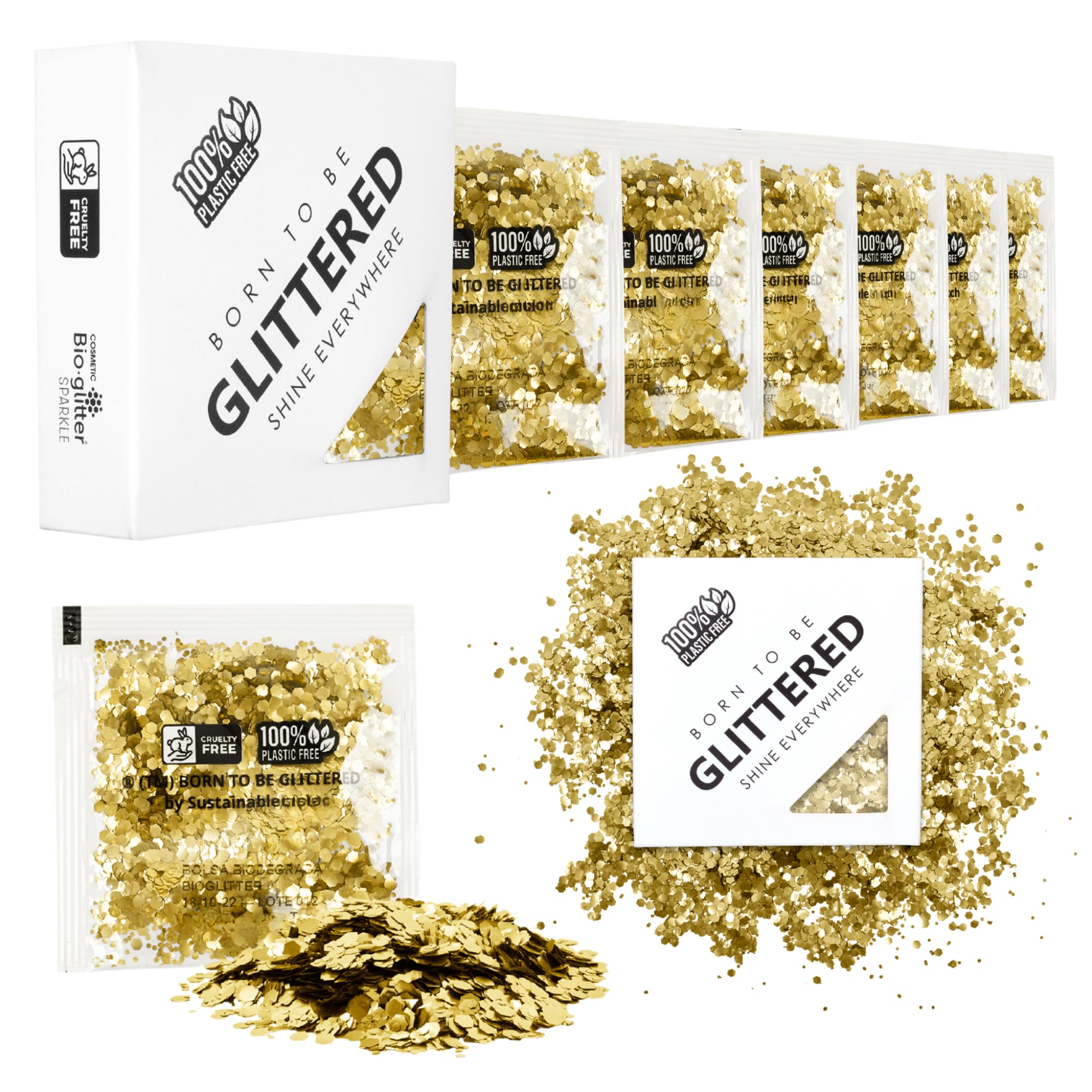 Born To Be Glittered - Purpurina para Maquillaje y la Cara en Polvo - Libre de Plástico - Biodegradable - Perfecto para Cuerpo Cara Uñas - Festivales y Fiestas - Color Dorado - Golden Sun