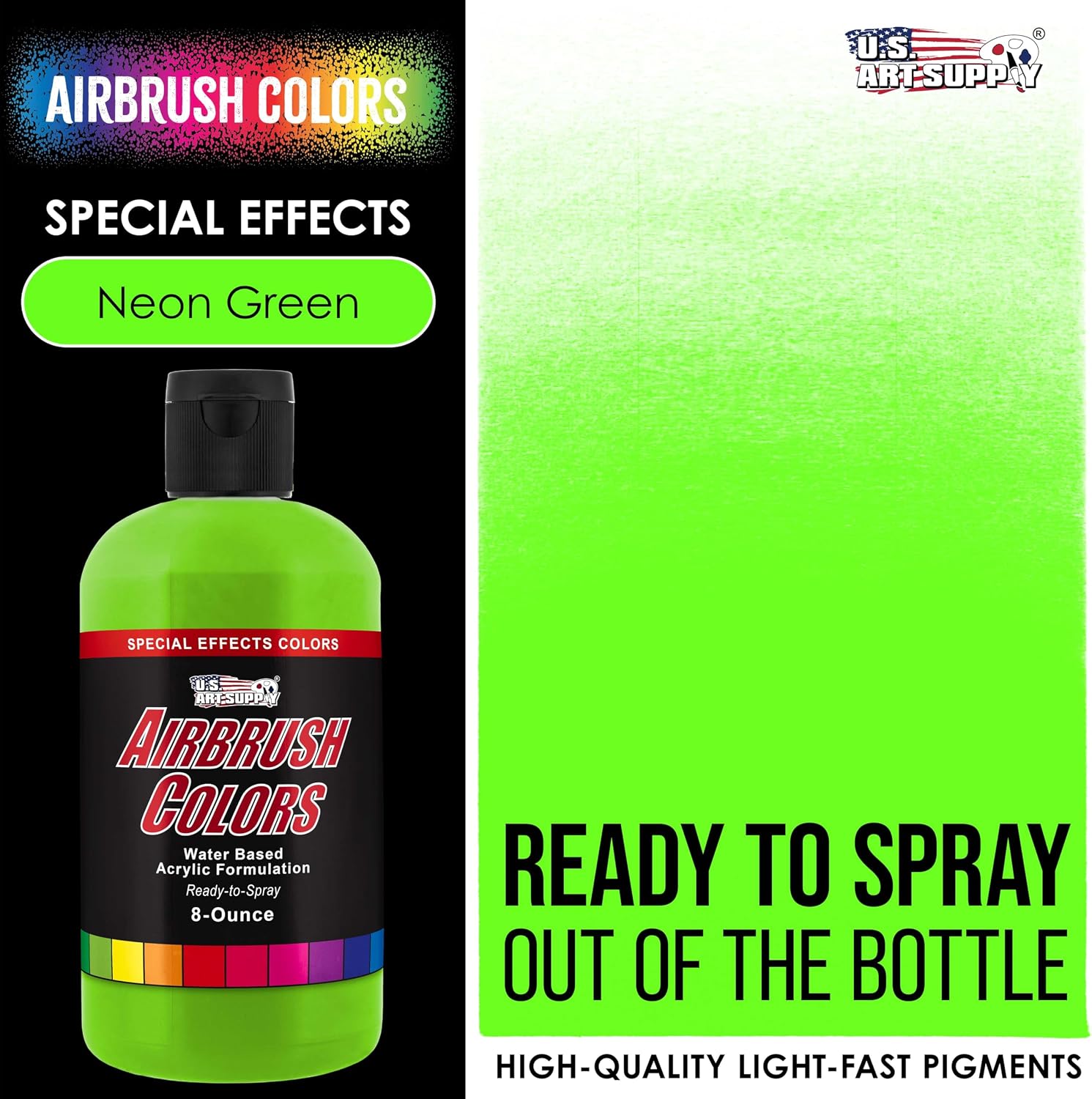 U.S. Art Supply Neon Green Acrylic Special Effects Airbrush Paint - 8oz Ready to Spray Air Brush Paint for Nails, Models, Fabric - Water-Based Air Brush Painting