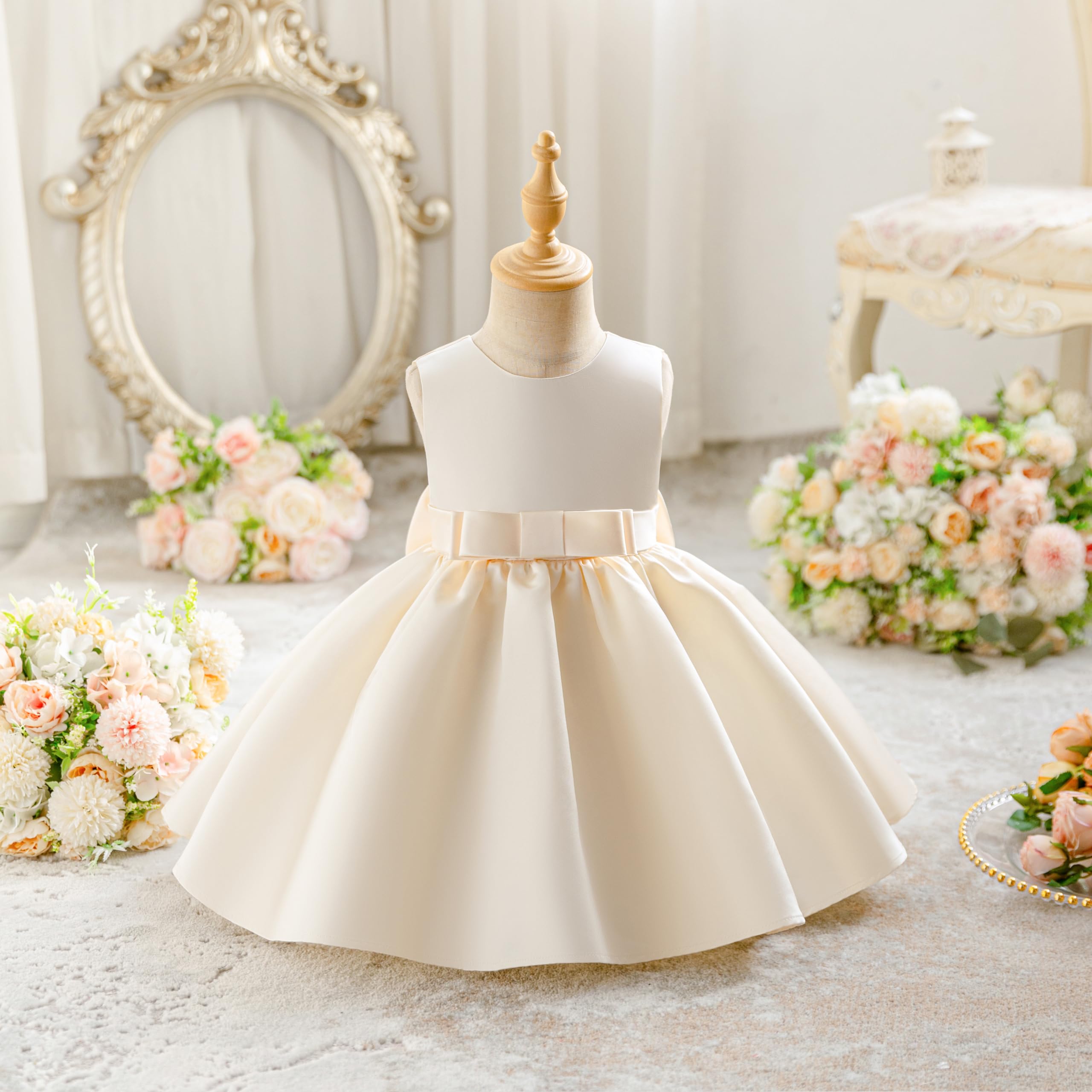 Miipat Robe pour Bébé Fille Satiné Robe Demoiselle d'honneur Bowknot Ligne A V-arrière Baptême Mariage de Soirée Anniversaire Fête Communion Robes pour Enfants de 6 Mois à 4 Ans