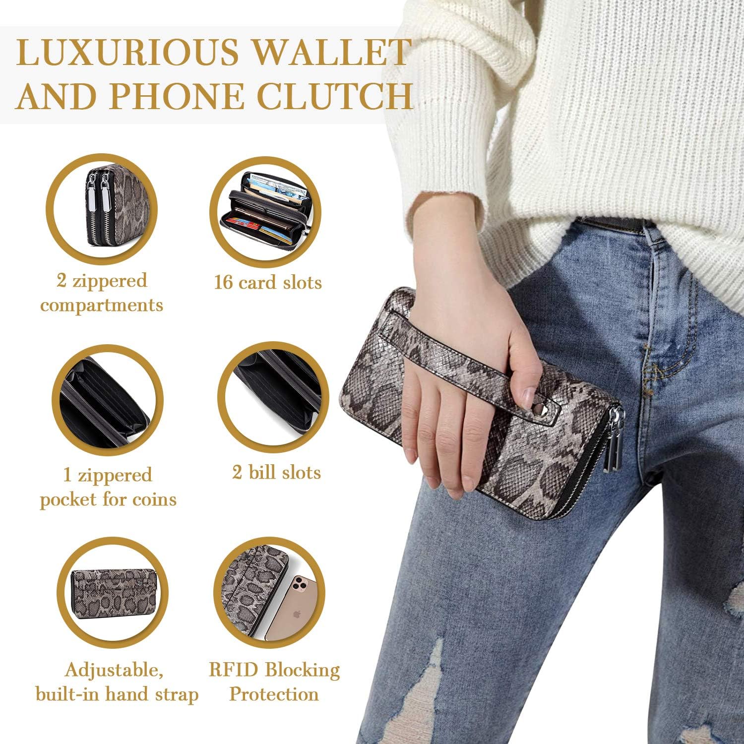 Daisy Rose Dual Zipper Phone Clutch and Wallet for Women - RFID Blocking, PU Vegan Leather Multi-Card Organizer