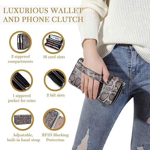 Miniatura 5 de Daisy Rose Embrague de teléfono con doble cremallera y cartera para mujer, bloqueo RFID, organizador de múltiples tarjetas de piel sintética vegana