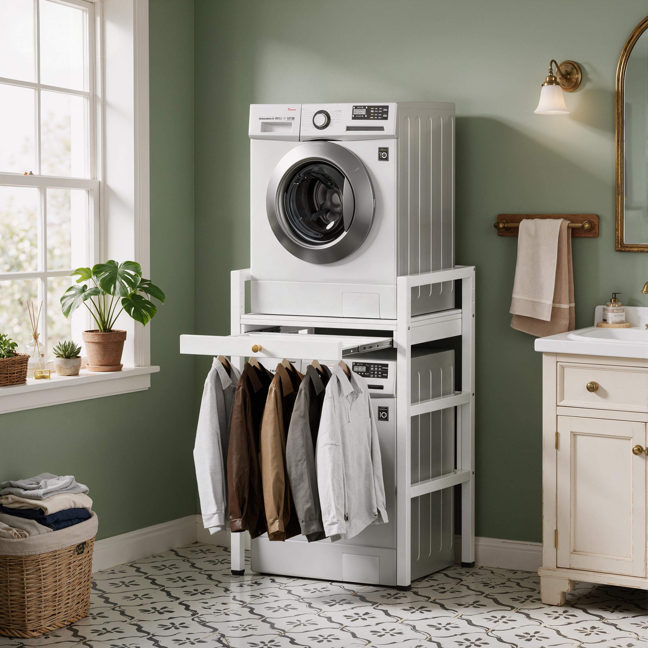 MSFE Estantería Lavadora con Tablero de Estante, Soporte de Altura Ajustable para Secadora,Universal Kit de Soporte Secadora sobre Lavadora, Capacidad de Carga 350kg,73 * 64 * 115cm