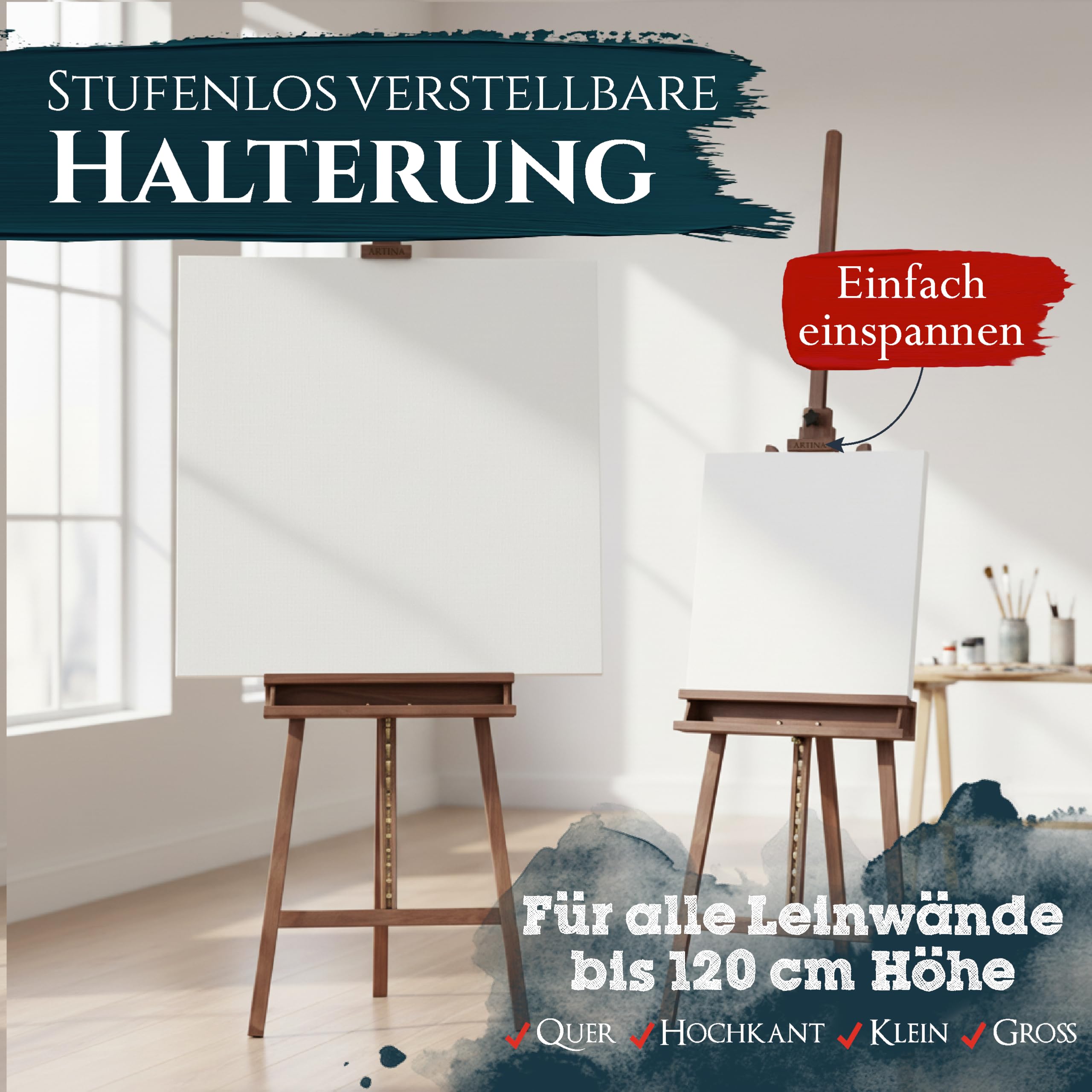 Artina 30tlg. Malset mit Staffelei Acrylfarben Keilrahmen für Leinwände | inkl. Holz Nußbaum-Optik Pinsel bis 120cm Künstler Set Einsteiger Barcelona Santorini