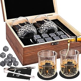 Whiskey Stones and Glasses Gift Set, Whisky Granite Chilling Stones, Whiskey Gift Sets for Men, Tumblers Whisky Drinking Glasses for Fathers Day, Birthday Man Bar Glassware in Gift Box Kit