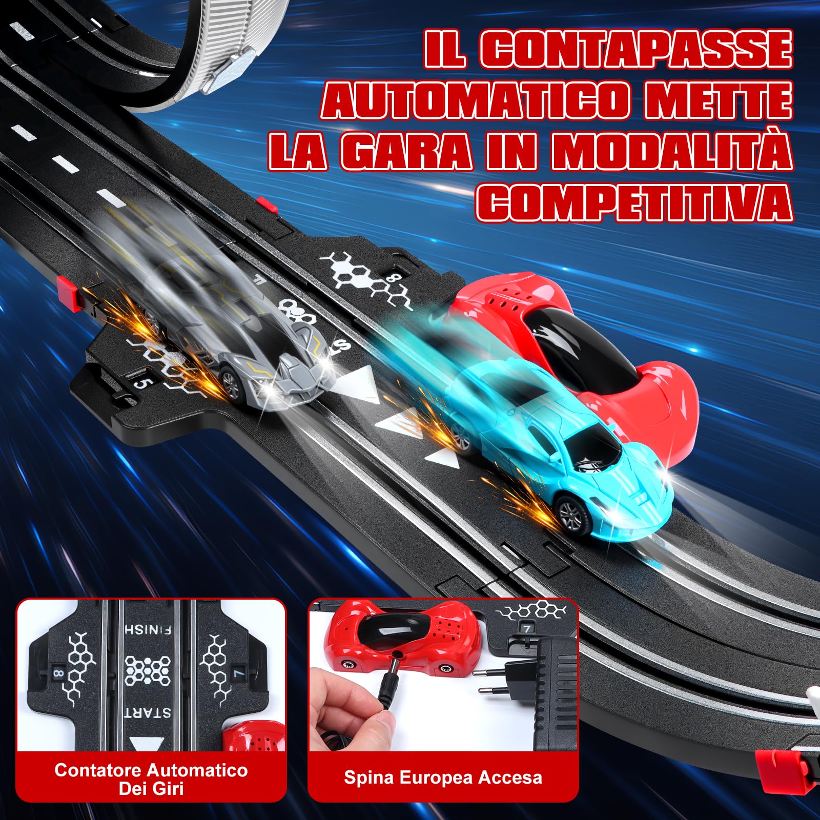 Piste Corsa Elettriche, Illuminato Pista Macchinine Piste Auto Bambini - 4 LED Macchine, Spina, 360° Cerchio, Comandi, Contatore, Piste Corsa Bambini 3 4 5 6 7 8 Anni Giocattoli Regali (L)