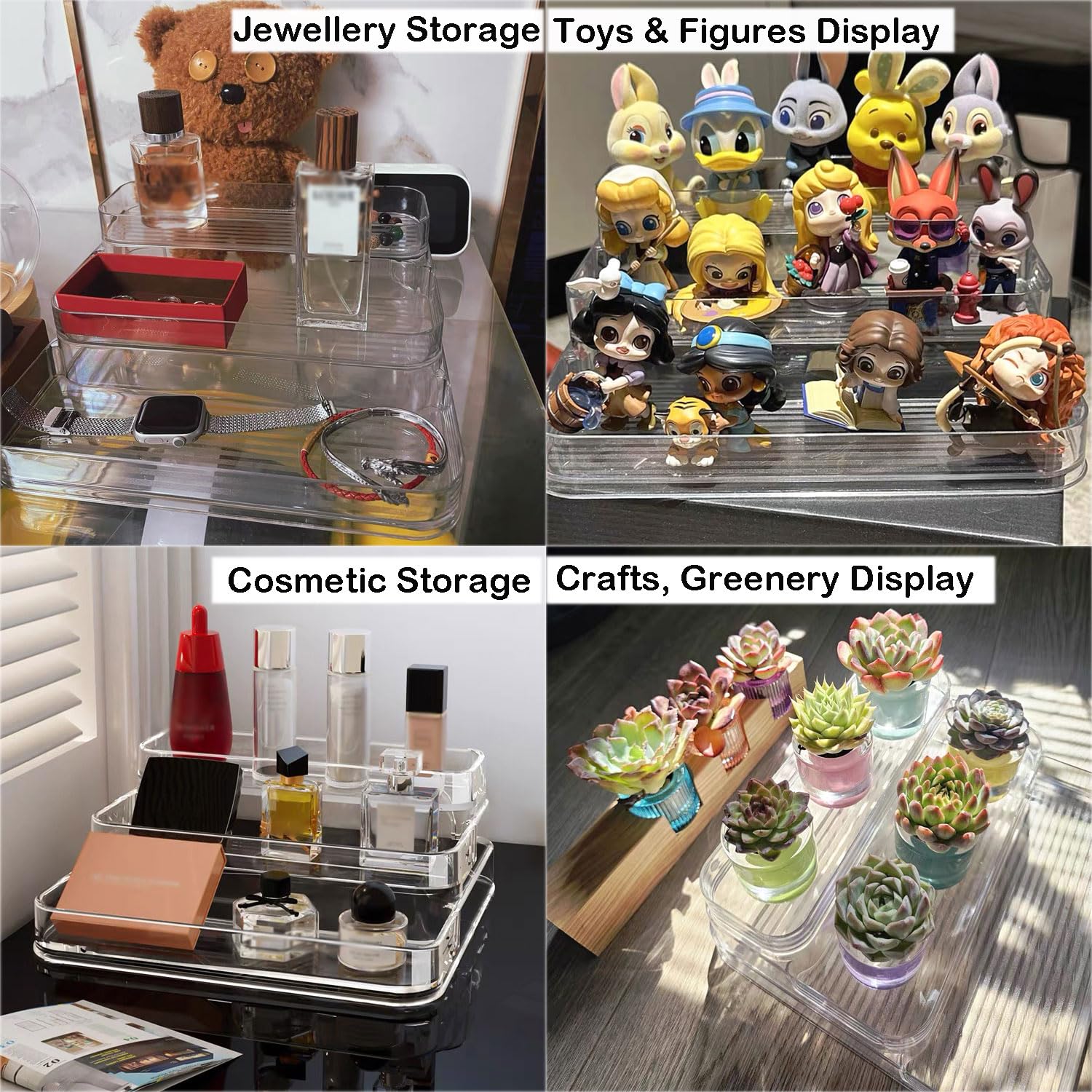 Organizer in acrilico a 3 ripiani, espositore con divisori, portaoggetti per profumi per casa, ufficio e negozi: figurine Funko, giocattoli, cupcake, prodotti alimentari, profumi e cosmetici