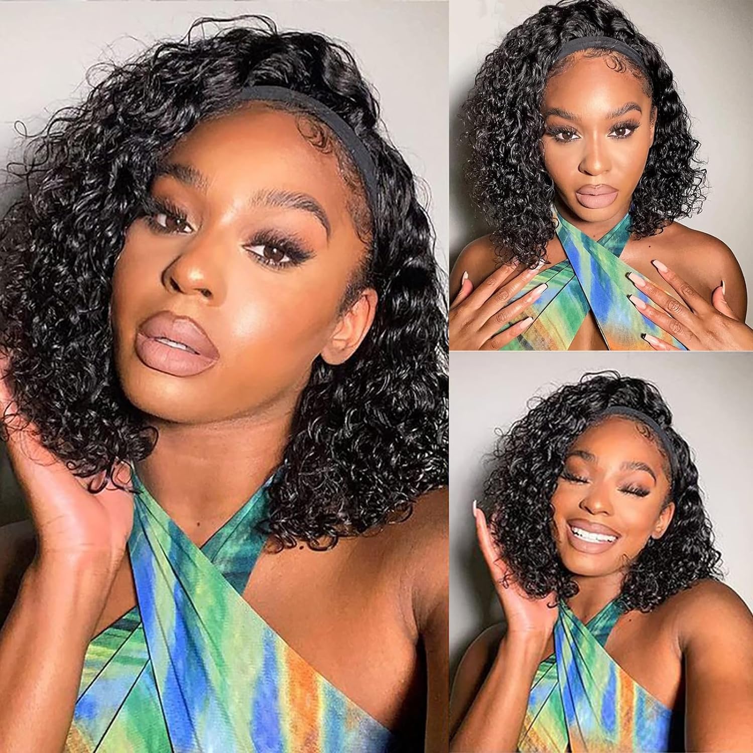 Unvizossa Deep Wave Headband Wig Human Hair Wet and Wave Headband Human Hair Wig Wear and Go Glueless Wigs 150% Density Machine Made No Lace Deep