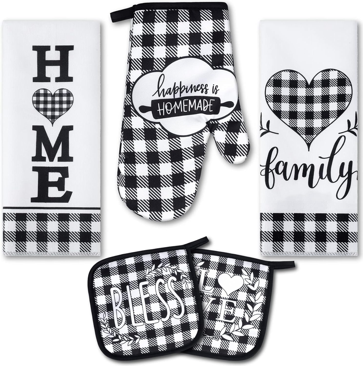 5 Pieces Farmhouse Buffalo Check Dish Towels Pot Holders