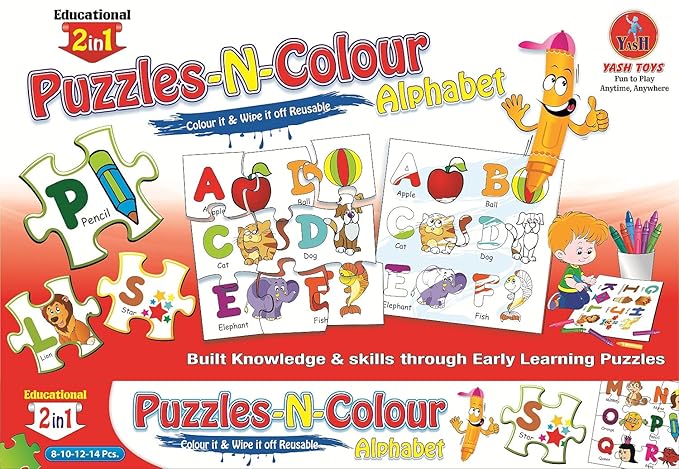 Negi Educational Alphabets Puzzle-N-Colour 2 in 1,Reusable Fun Activity for Kids,Colour It and Wipe It Off! (Alphabets)