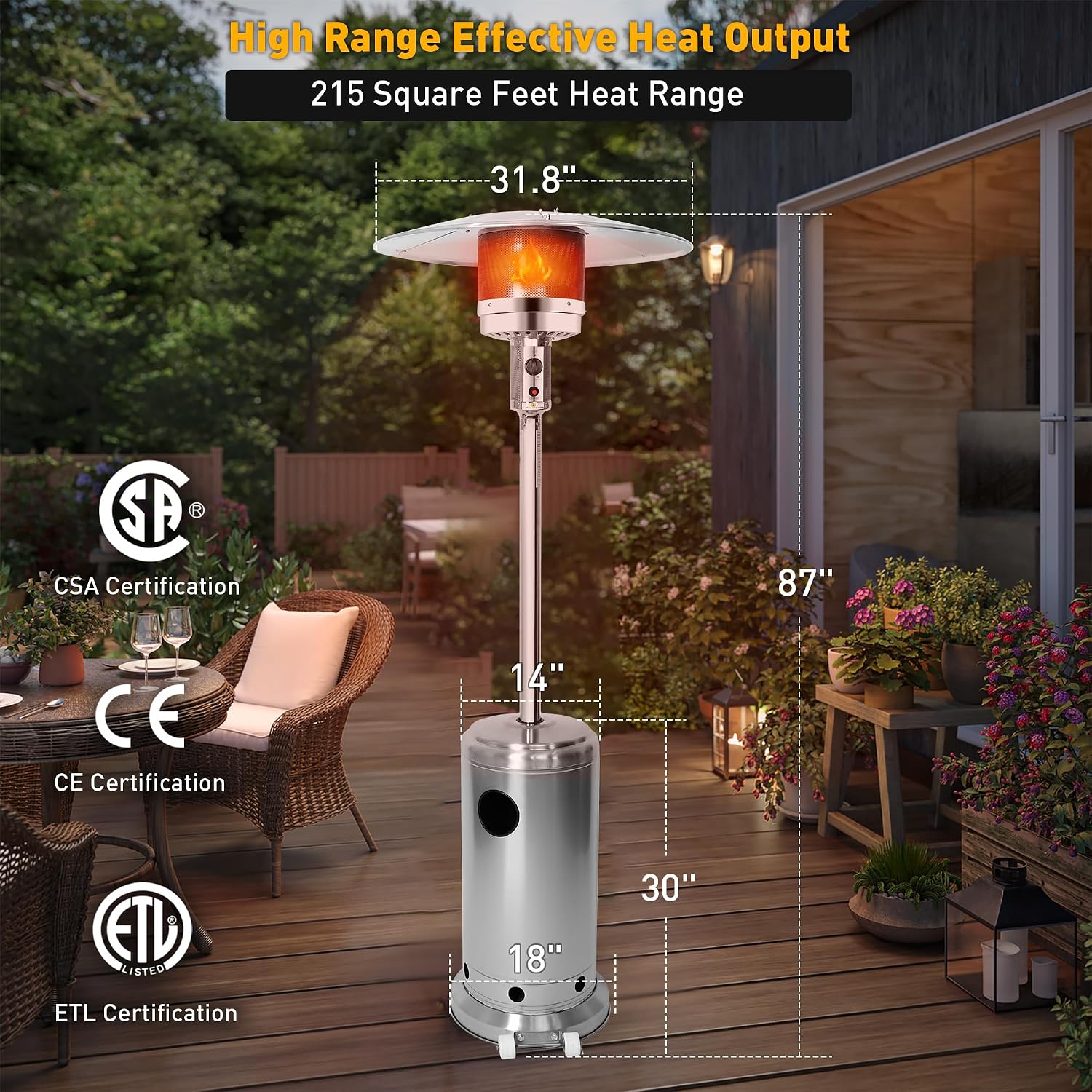 Outdoor Patio Heater Standing Gas LP Propane Heater with Wheels 87 Inches Tall 36000 BTU for Commercial & Residential Courtyard (Silver)