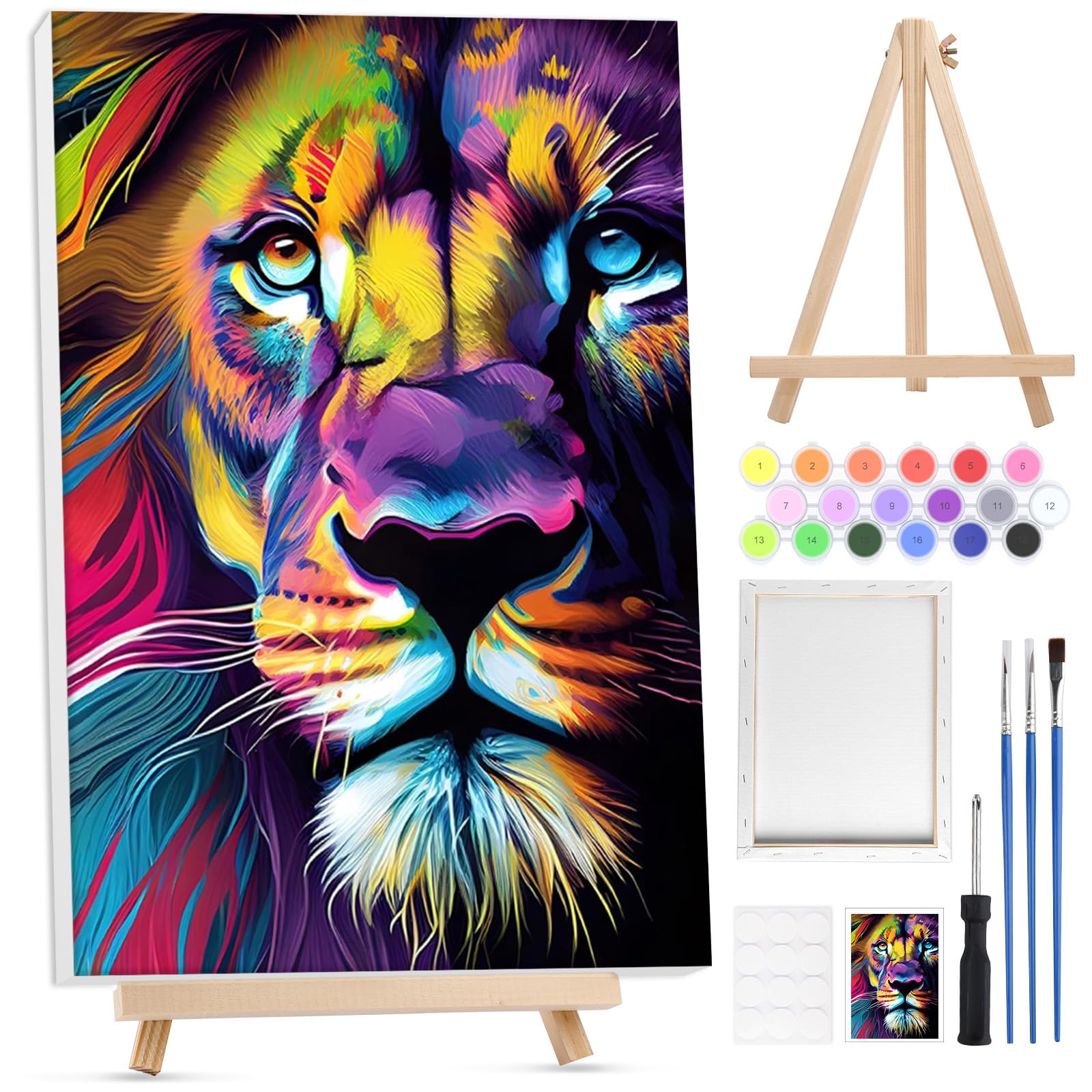 Lxmsja Framed Paint by Numbers Lion for Adults Beginner with Wooden Easel, Animal Painting by Numbers Lion for Adults on Canvas, DIY Acrylic Painting Kit Art and Crafts for Home Wall Decor, 8x12inch