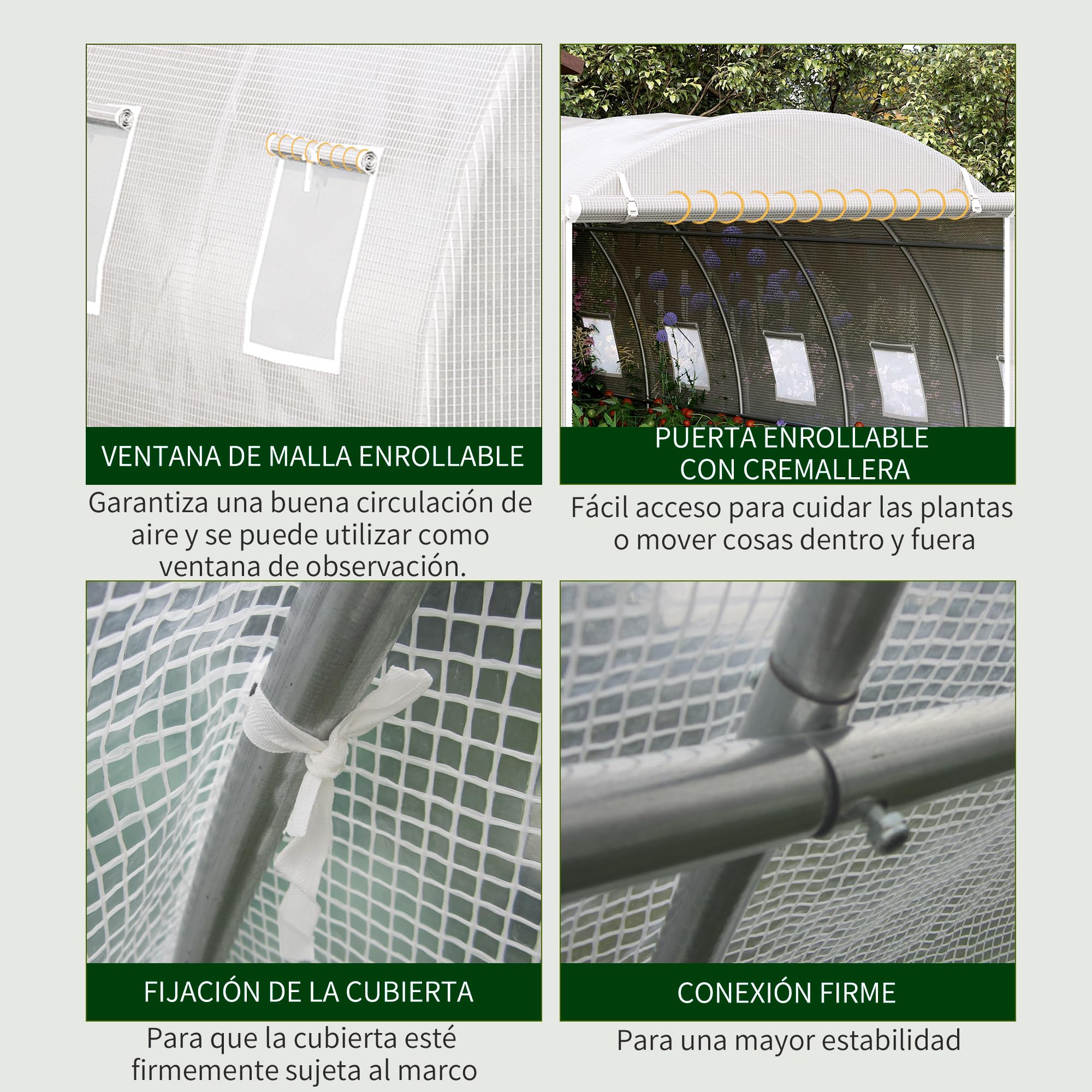 Outsunny Serra tunnel con porta arrotolabile 6x3x2 m Bianca | Con porta arrotolabile, 12 finestre, copertura PE 140 g/m², metallo zincato, per colture, piante, verdure