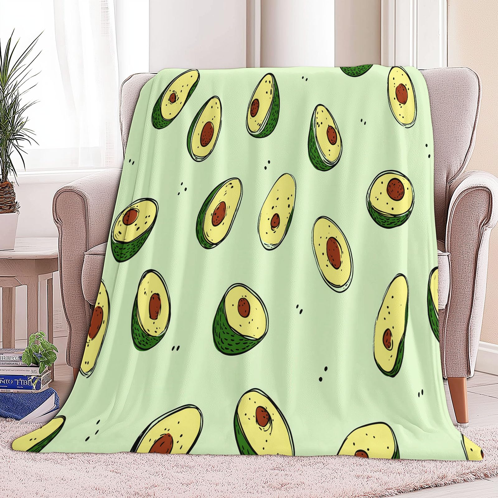 Uroczy koc z nadrukiem awokado, 150 x 200 cm, super miękki flanelowy koc, lekki, wygodny, ciepły, jasnozielony, narzuta na kanapę, sofę, łóżko, do biura, 100 x 130 cm