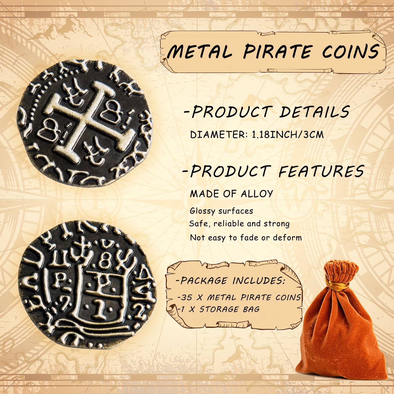 v2croft 35 Metal Pirate Coins, Bronze Treasure Coin Set - Image 2