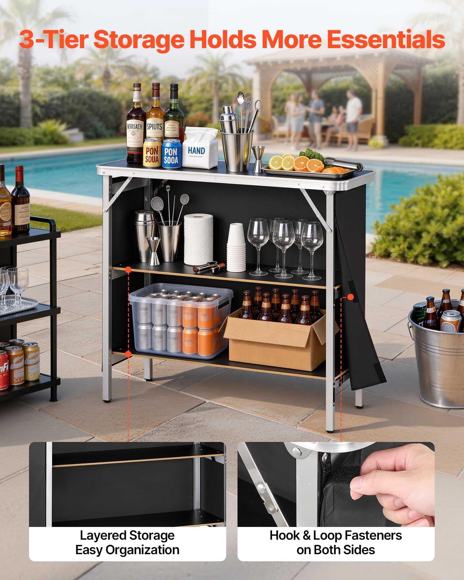 VEVOR Tavolo da Bar Pieghevole e Portatile, Bancone Smontabile 980 x 385 x 870 mm, con Borsa per Trasporto, Ripiano Portaoggetti e Tela Rimovibile, Postazione Bar per Mercatini Eventi Feste e Fiere