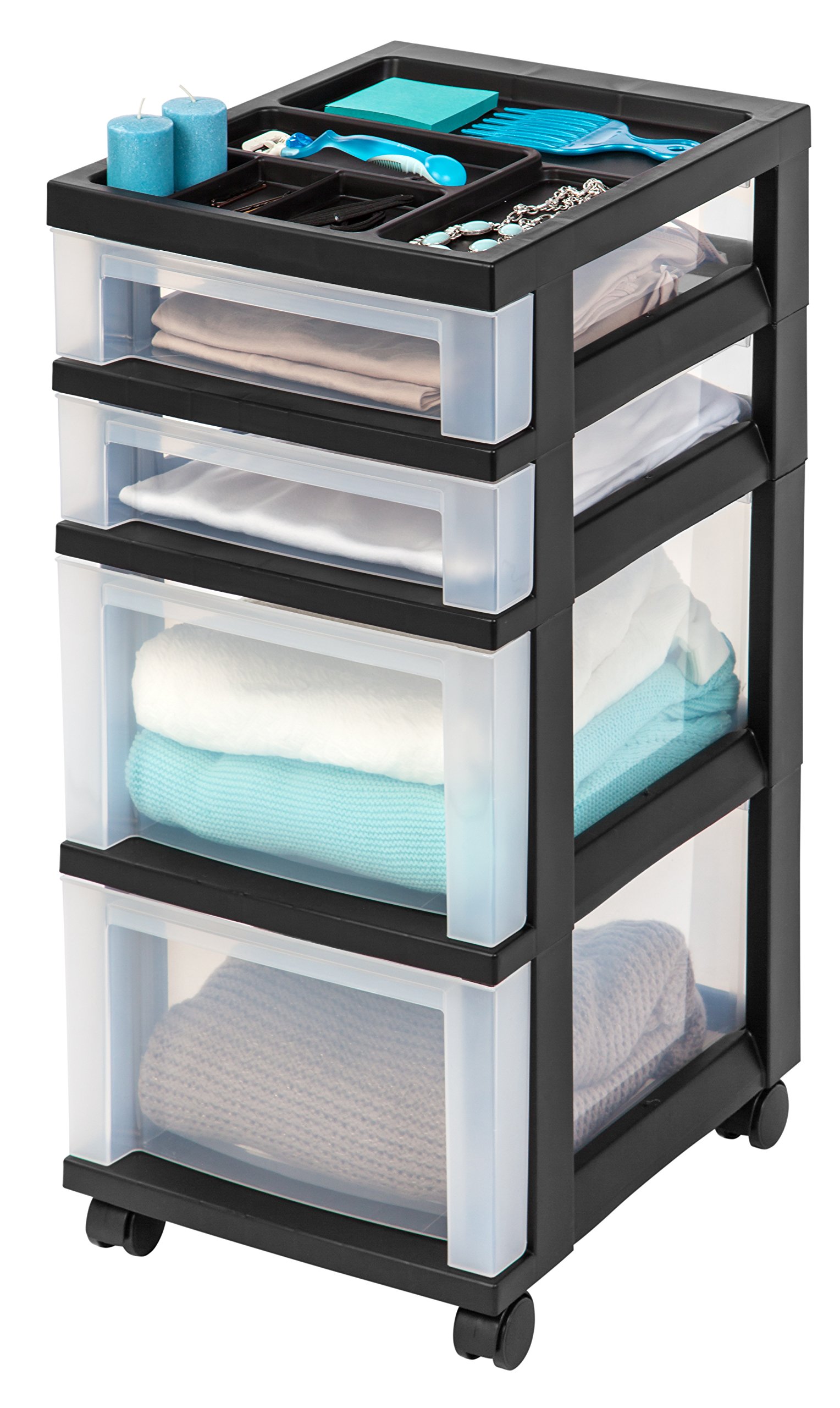 IRIS USA, Inc. 4-Drawer Rolling Storage Cart with Organizer Top, Black