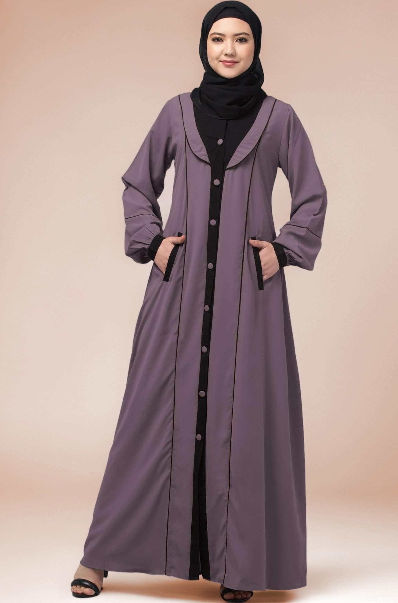 � Front Open Abaya With Beautiful Pipin Work And Front Pockets- Made with Nida Matte Fabric for Women and Girls