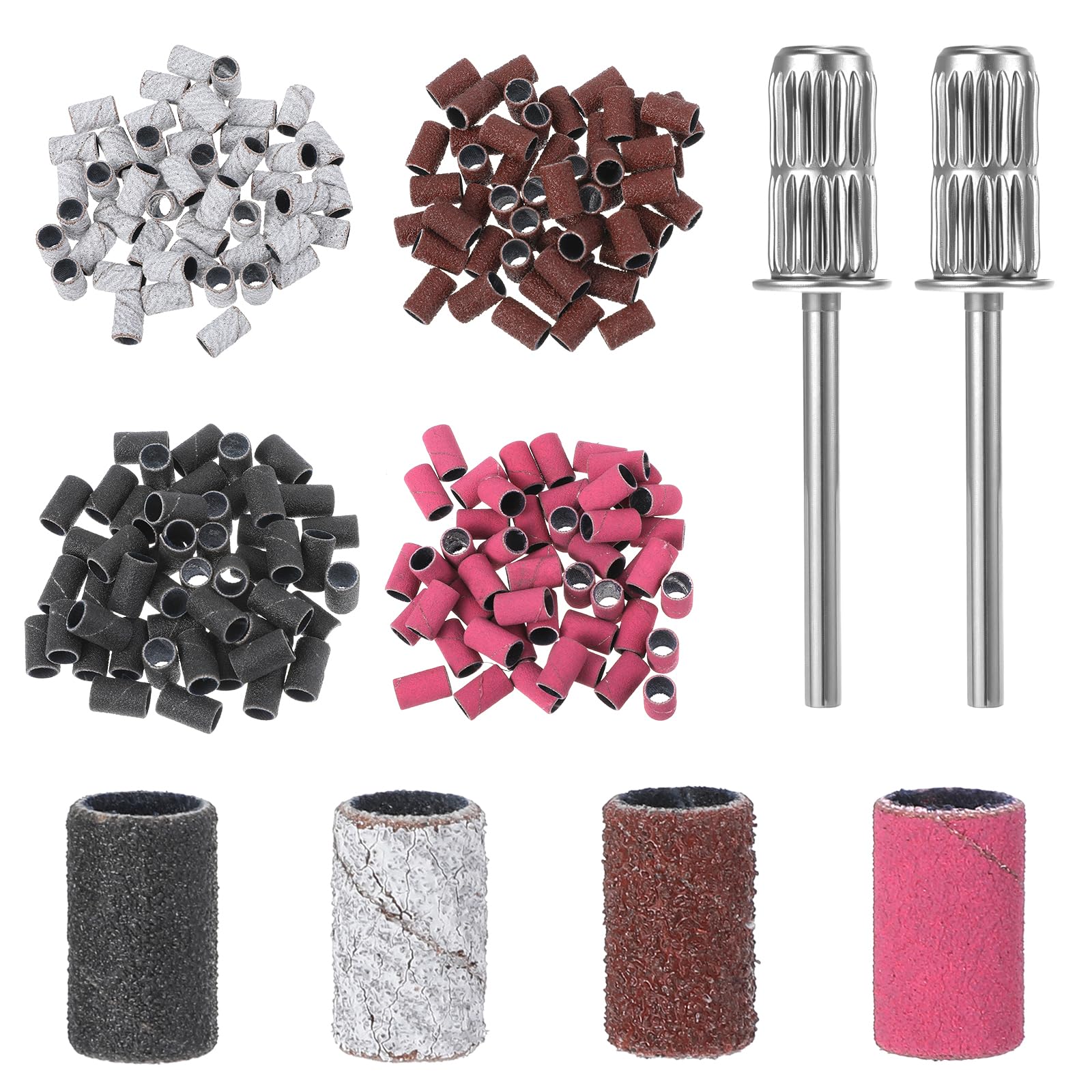 200 Pcs Nail Sanding Bands for Nail Drill 80/120/180/240 Grit Sanding Bands with 2 Silver Shafts