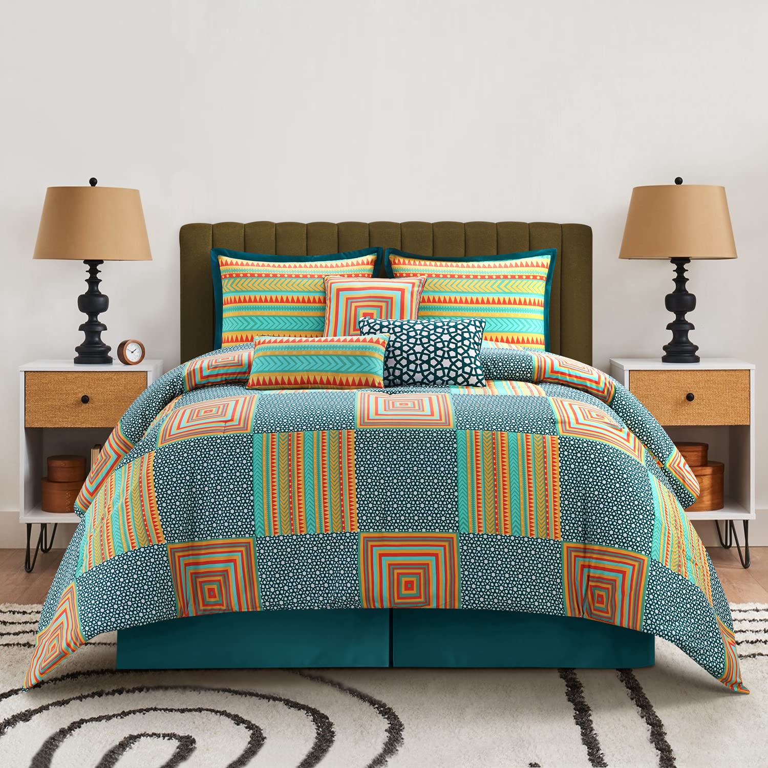 Grand Avenue King Size Comforter Set 6 Piece – Blue Geometric Print, Microfiber, Includes Bedskirt & Pillows