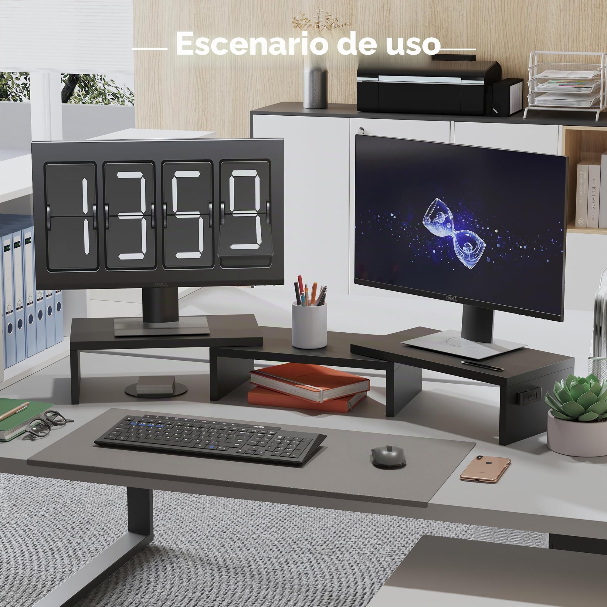 BONTEC Elevador Monitor de Madera para Doble Monitor, Soporte Giratorio Ajustable con Soporte para Smartphone