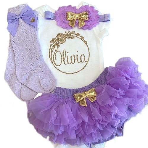 Three Sweet Limes Personalized Baby Girl Outfit with Circular Floral Wreath Design Gold Glitter - Choose Bodysuit size NB to 24M, Add Name Optional