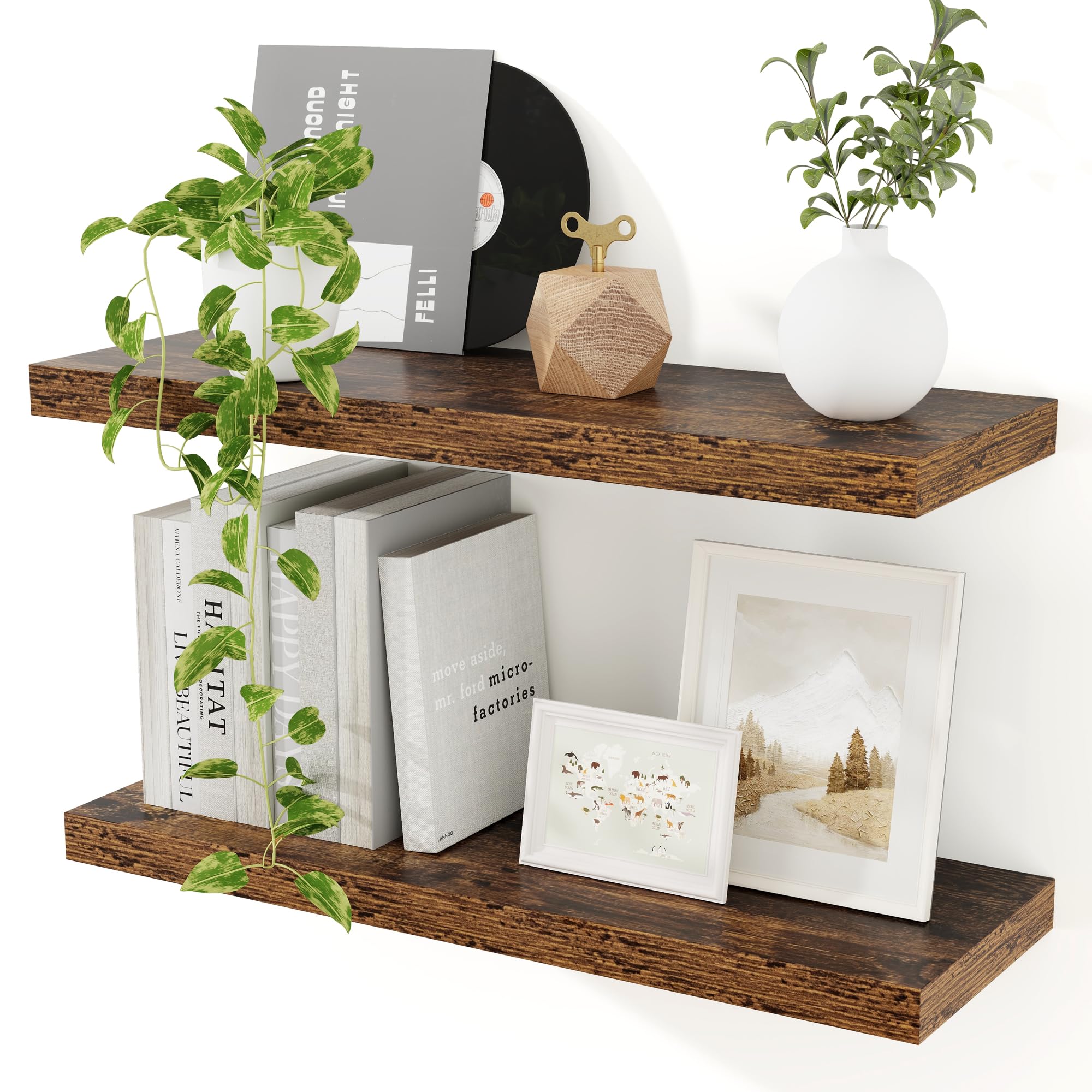 Feihorrm Floating Shelves 60cm, 9.3"(23.5cm) Deep Floating Shelves for Wall, Wall Mounted Wood Shelves for Book, Living Room, Bathroom, Kitchen, Office, Home/Wall Decor - Rustic Brown Set of 2