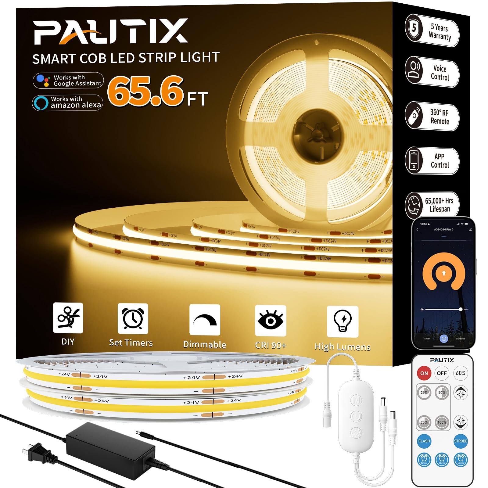 PAUTIX COB LED Strip Light 65.6ft/20m,9600 LEDs Warm White 2700K,Work with Alexa/Google Assistant,CRI93+ Super Bright High Lumen,Dimmable 24V Flexible LED Light Strip,for Home&Office DIY Lighting