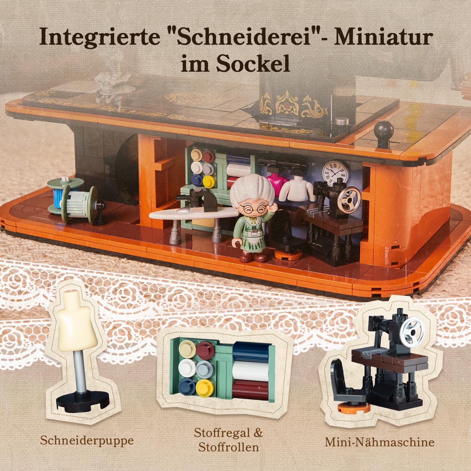 PANTASY Retro Nähmaschine Klemmbausteine Set | Vintage-Modell mit Handkurbel, funktionierendem Zahnradmechanismus und versteckter Mini-Schneiderei zum Ausstellen
