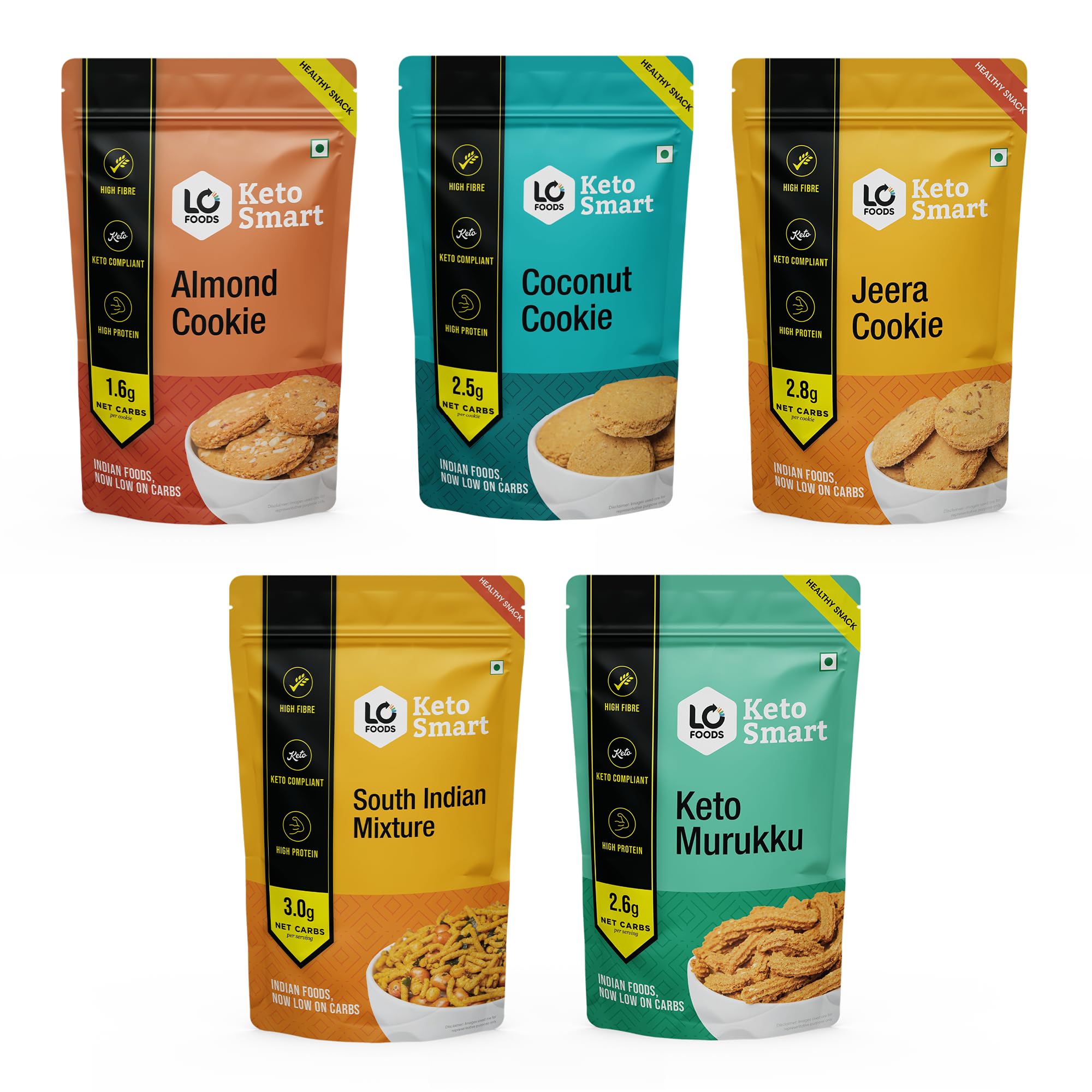 Lo! Foods - Keto Snacks Combo | Pack of 5 Delicious Keto Namkeen & Keto Cookies for Keto Diet | Superfood Low Carb Snack | Diet Snacks Food | Sugarfree Cookies - (100g x Pack of 5)