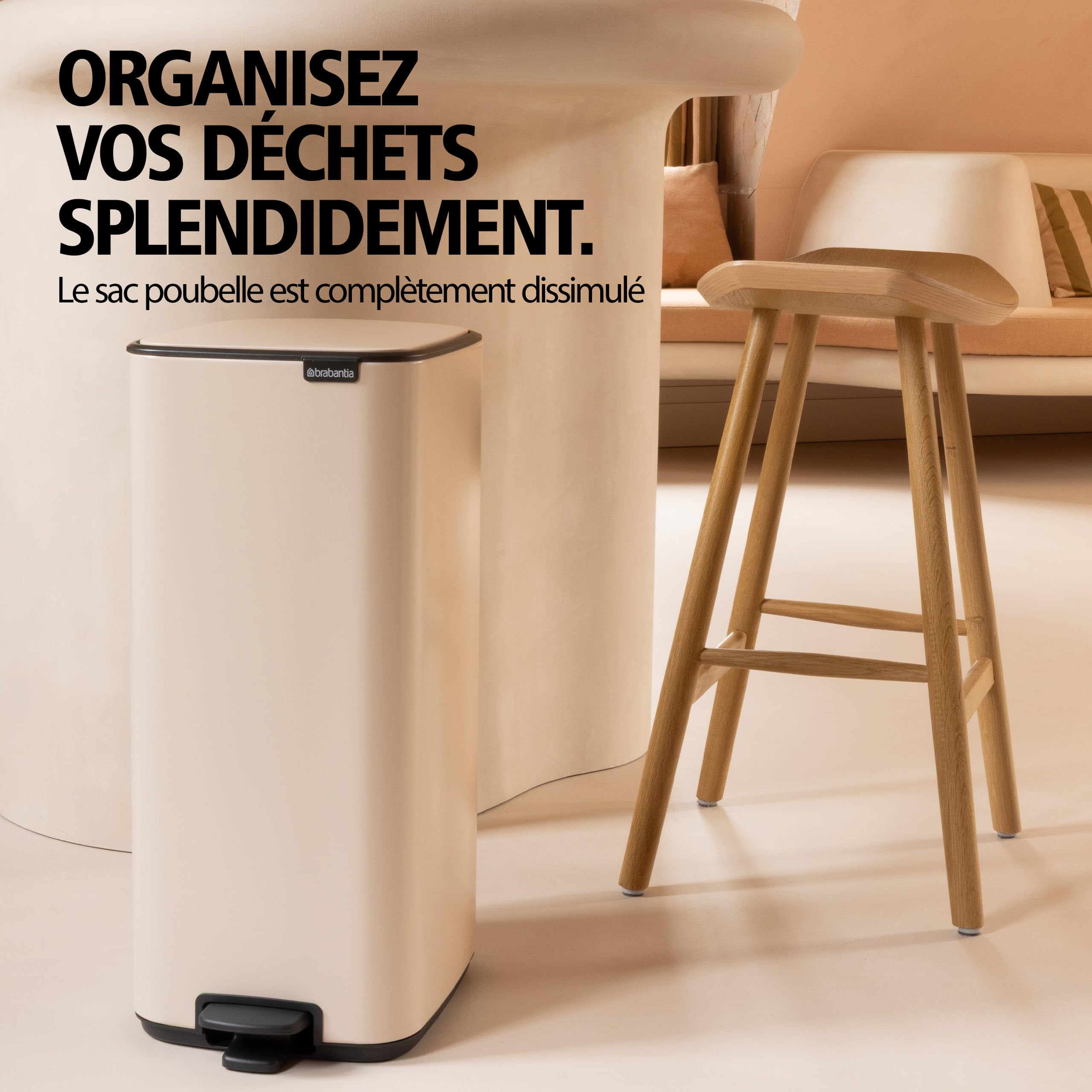 Brabantia Poubelle Bo Touch 30L (Platine) – Poubelle cuisine compacte à ouverture automatique soft-touch – Système de tri des déchets avec seau amovible – Sacs-poubelle PerfectFit gratuits inclus
