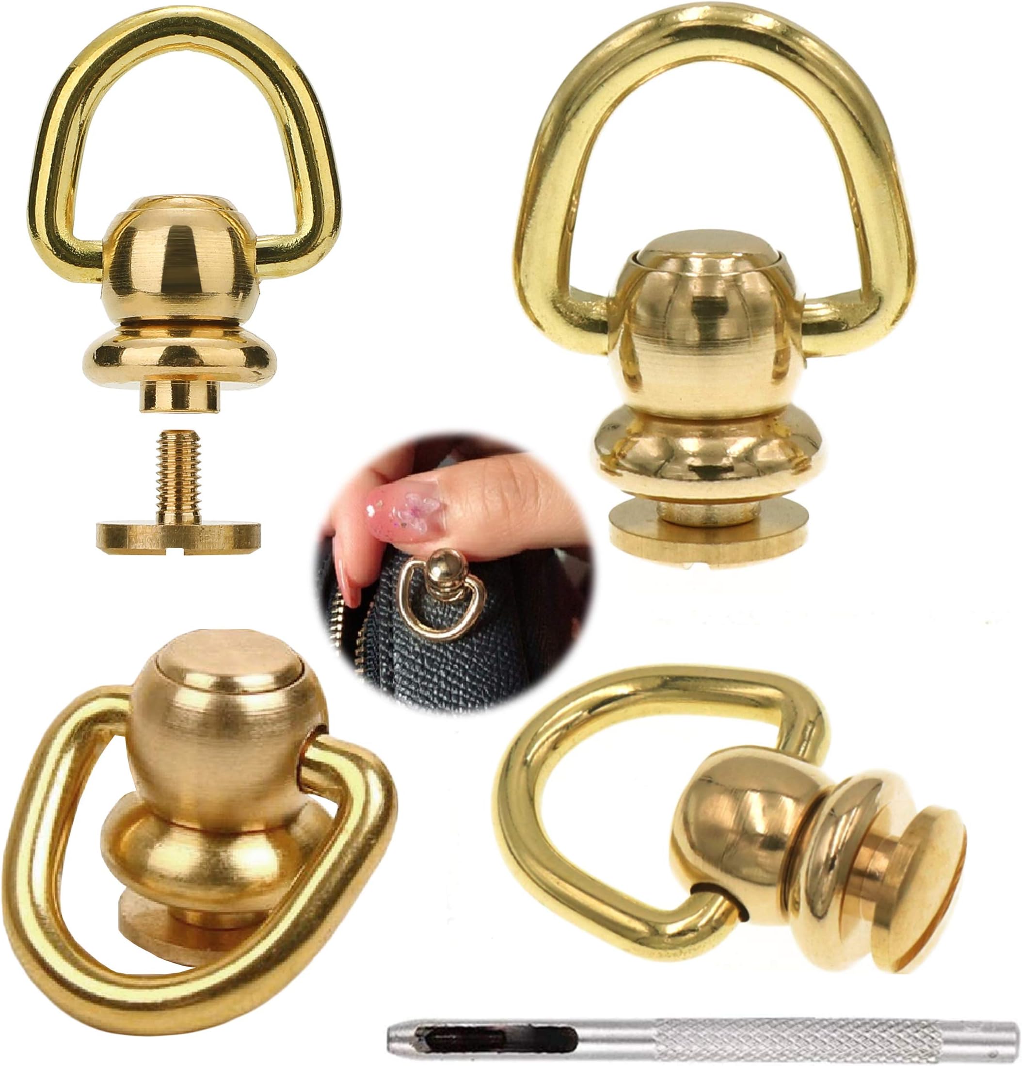 Arokimi 4Pcs Brass Ball Studs Rivets D Ring for Leather Crossbody Purse Craft