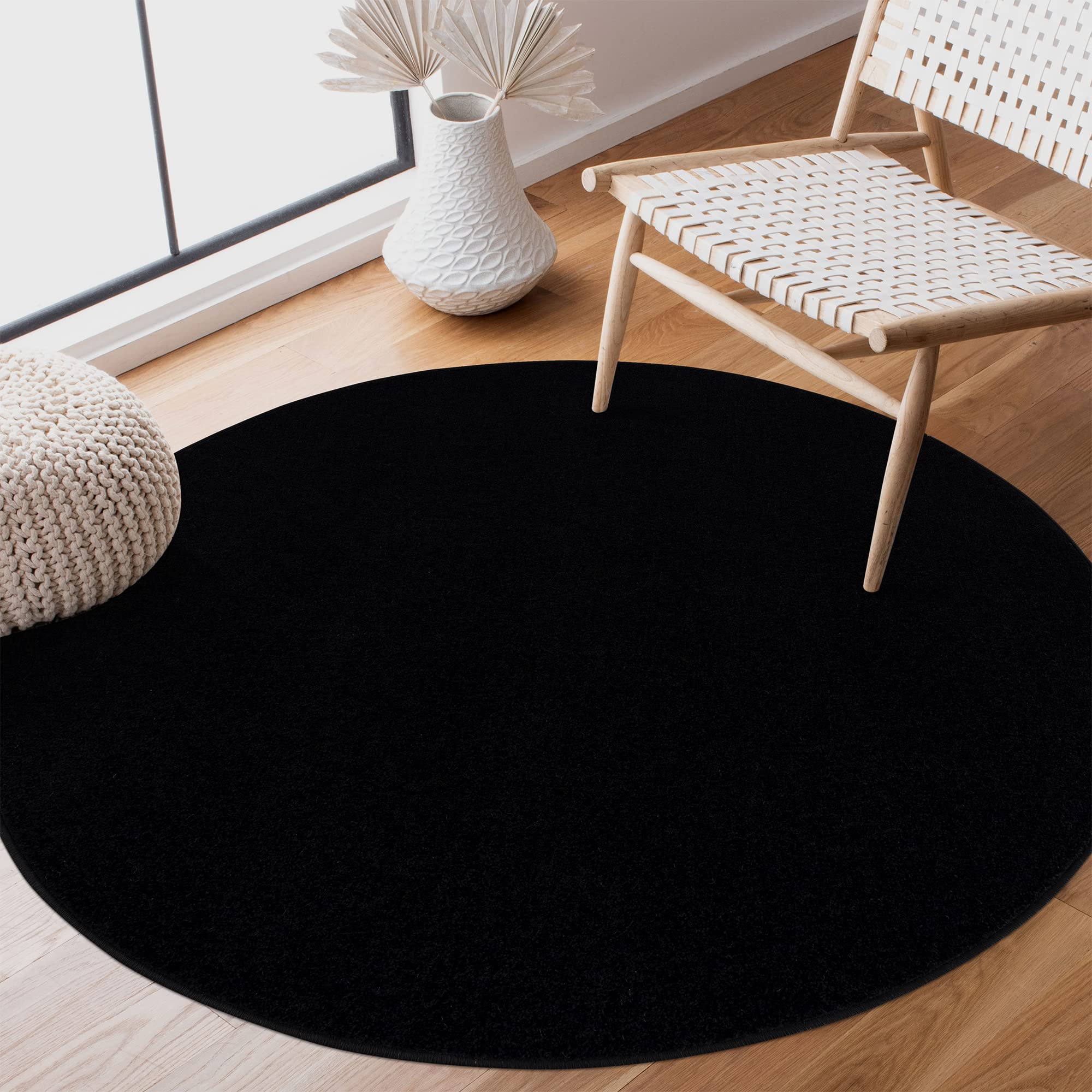 SANAT Alfombra de salón de Pelo Corto, Lisa, Moderna, para Dormitorio, Estudio, Oficina, Pasillo, habitación de los niños y Cocina, Color Negro, 80 cm Redonda