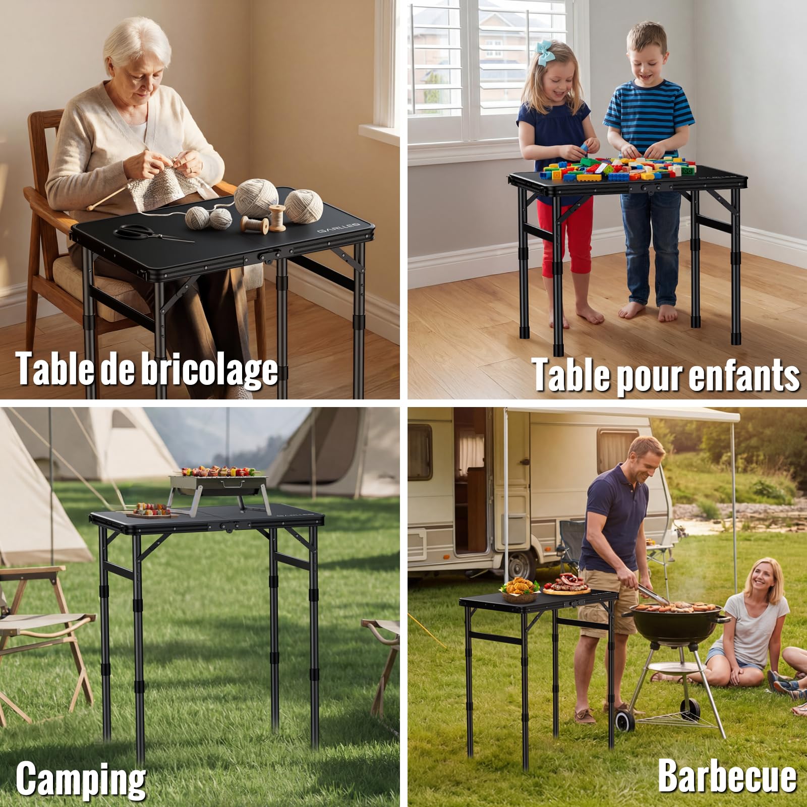 GARLLEN Table de Camping Pliante avec Plateau en Plastique imperméable, Table de Pique-Nique Portable avec 3 hauteurs réglables, Cadre en Aluminium, Table d'extérieur pour Barbecue, Camping | Table Pliante Exterieur à 3 Hauteurs Réglables,Table de Pique-n