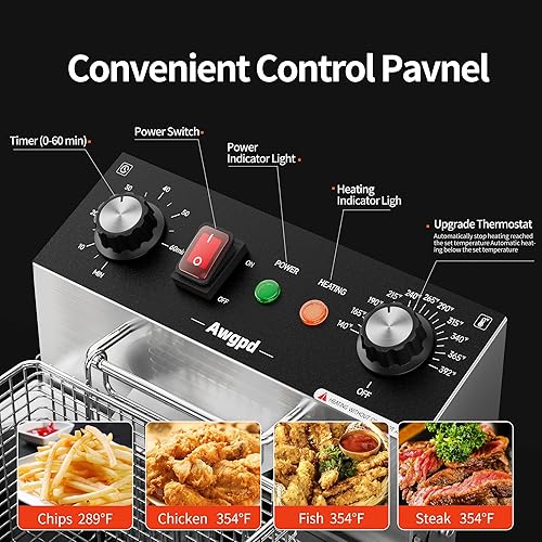Miniatura 3 de Freidoras comerciales Freidora eléctrica de acero inoxidable de 3400 W con temporizador, 20 L (21.1 cuartos de galón), freidora de tanque doble de