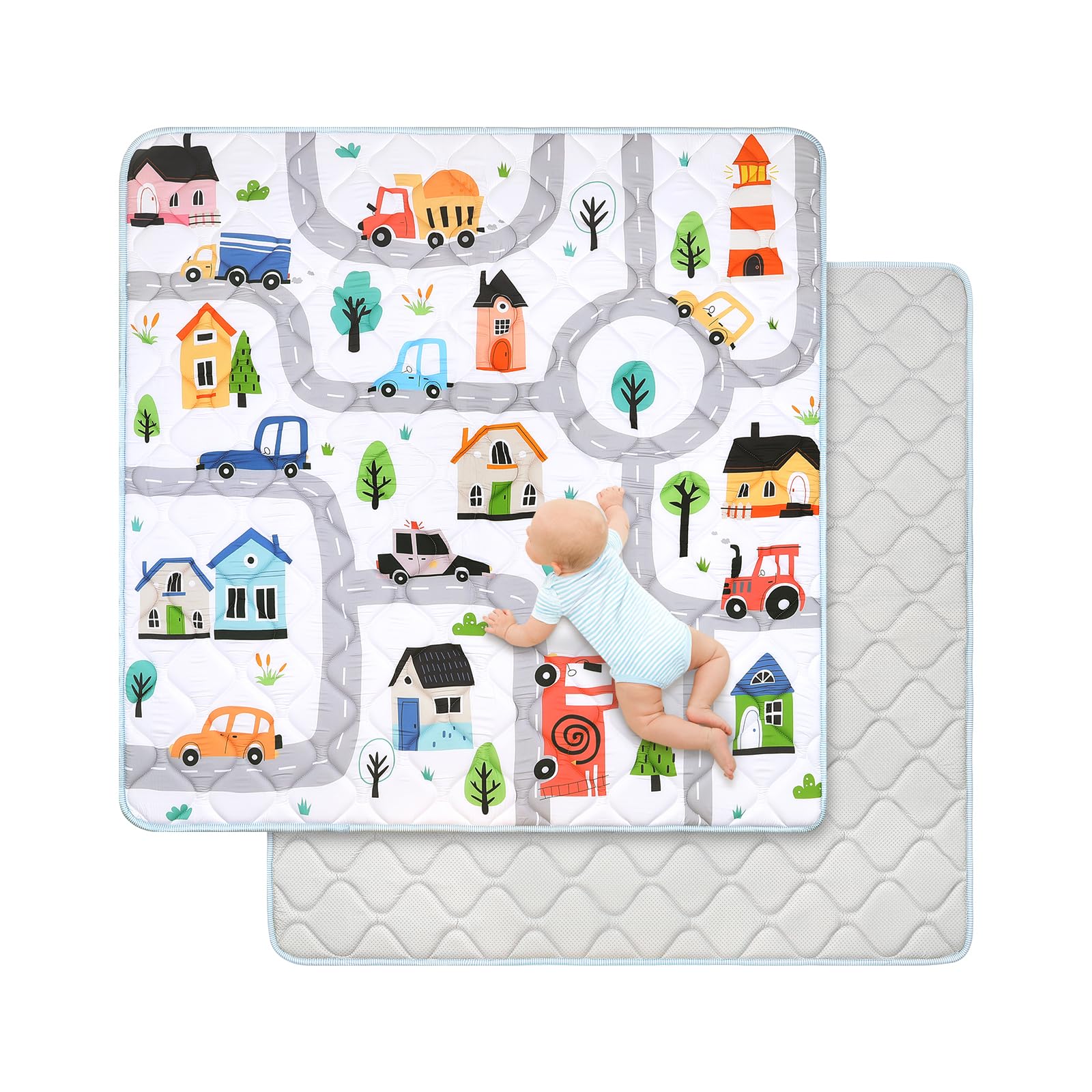 Baby Play Mat for Floor 127x127 cm,Thick Playmats for Babies Kids Toddler,Soft Non-Slip Mat for Crawling & Playing,Machine Washable Portable Playpen Mat Pad for Tummy Time,Town Car
