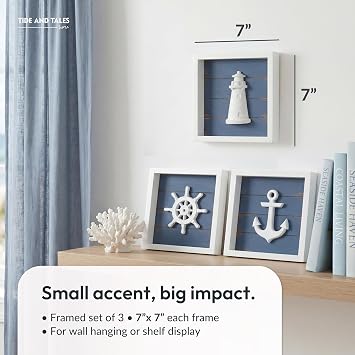 TideAndTales 3D Nautical Wall Decor (Famed Set of 3) Anchor, Lighthouse and Ship Wheel - Rustic Beach Bathroom Coastal Theme Home Decorations - Nautical Gifts, Classic Blue 7x7