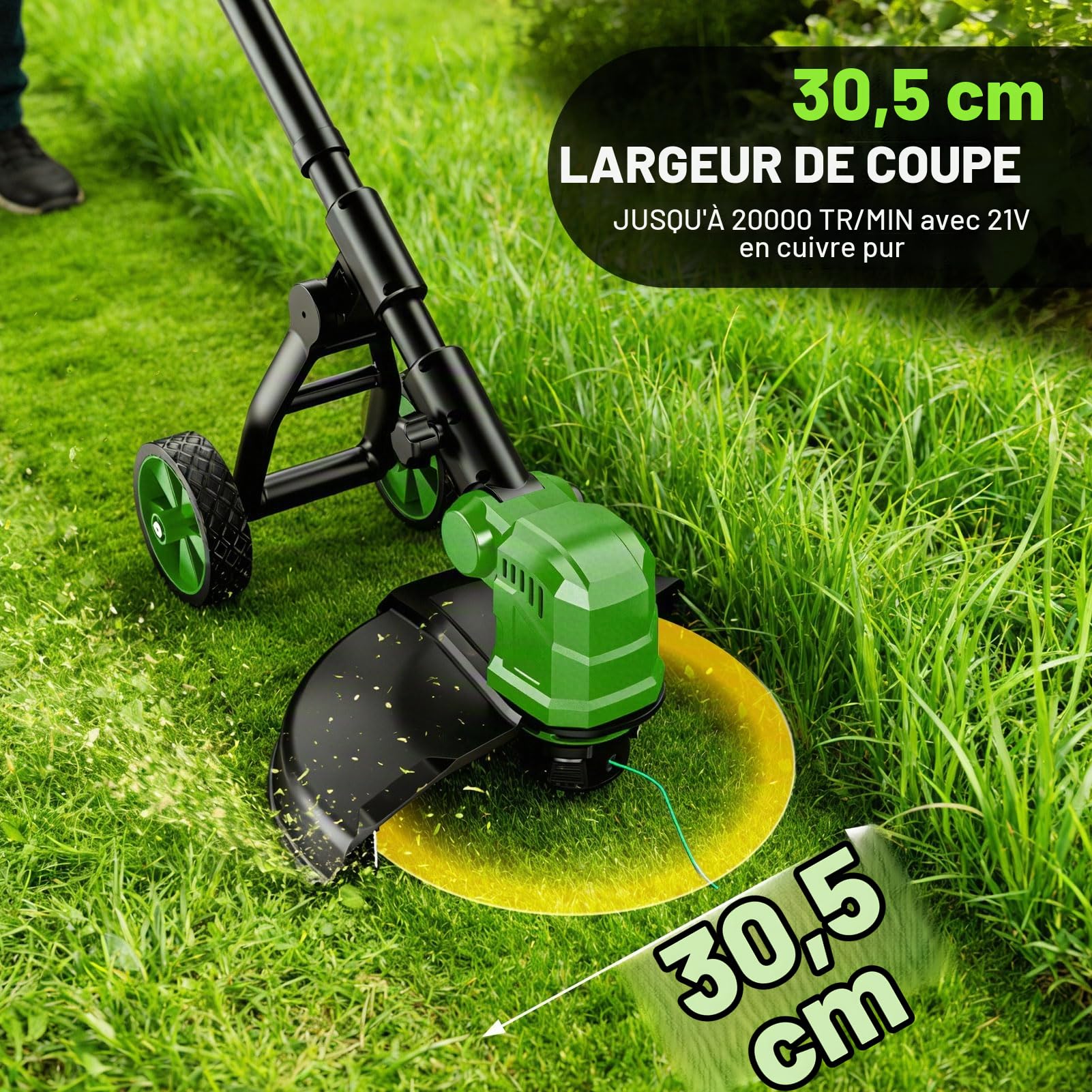 Debrouissalleuses Electrique sans Fil 36CM,Coupe Bordures à 2×3,0 Ah Batterie,800W Moteur sans Brosse,21V Débroussailleuse a Batterie avec Roue et 8 bobines de Rechange pour Jardin et Pelouses