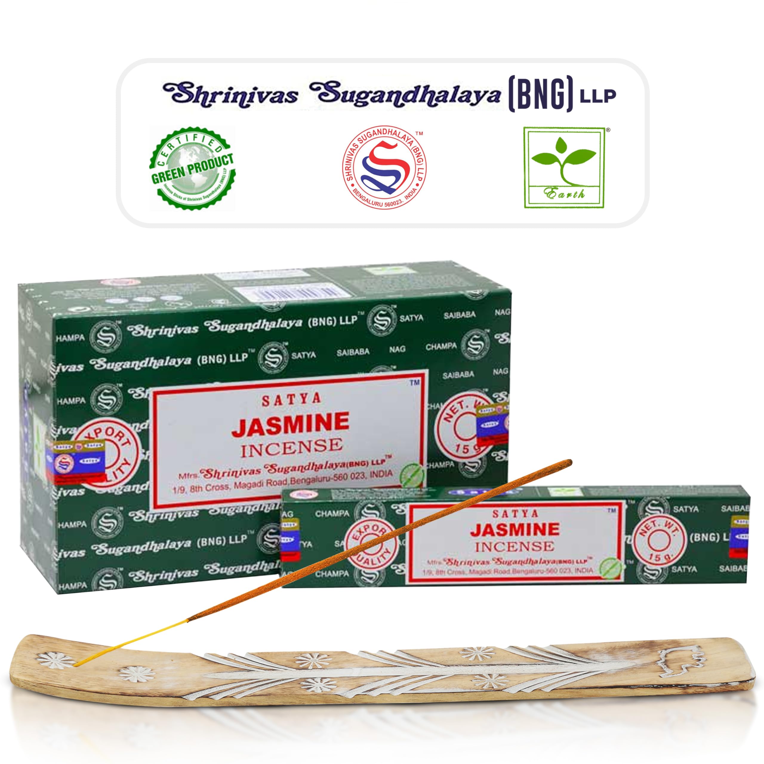 Satya Jasmine &amp; Nagchampa Incense Sticks - 15gmx12 Pack with Raajsee Incense Holder
