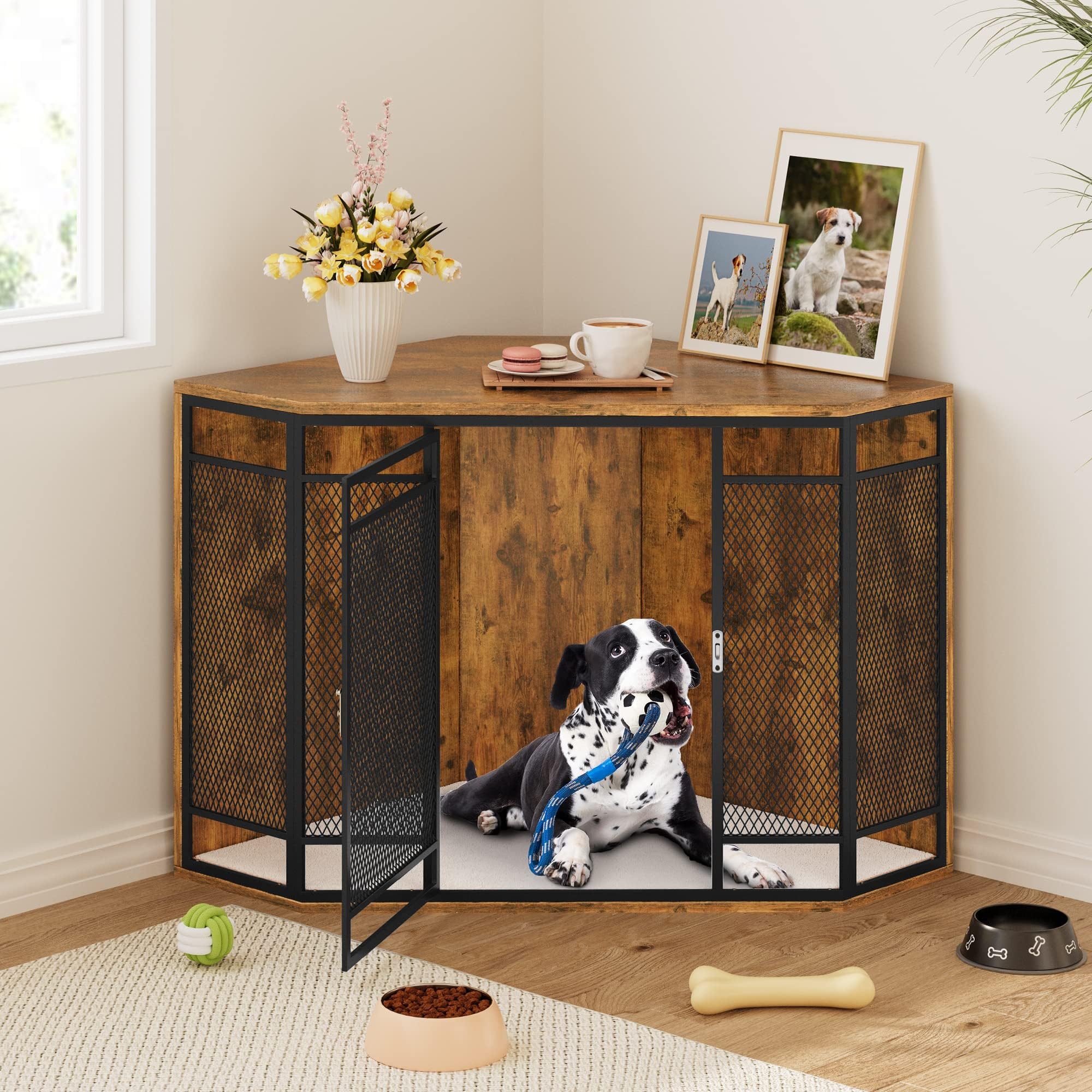 YITAHOME Corner Dog Crate Furniture, 43.7 inch Wooden Dog Kennel with Metal Mesh, End Table, Indoor Dog Cage, Dog House Pet Crate for Small Medium Large Dogs, Brown