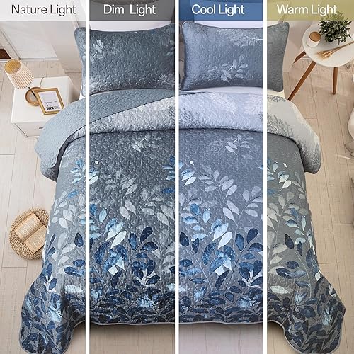 Miniatura 3 de WONGS BEDDING Juego de edredón floral azul individual, juego de colcha de 2 piezas de hojas botancales de verano con 1 funda de almohada, juego de