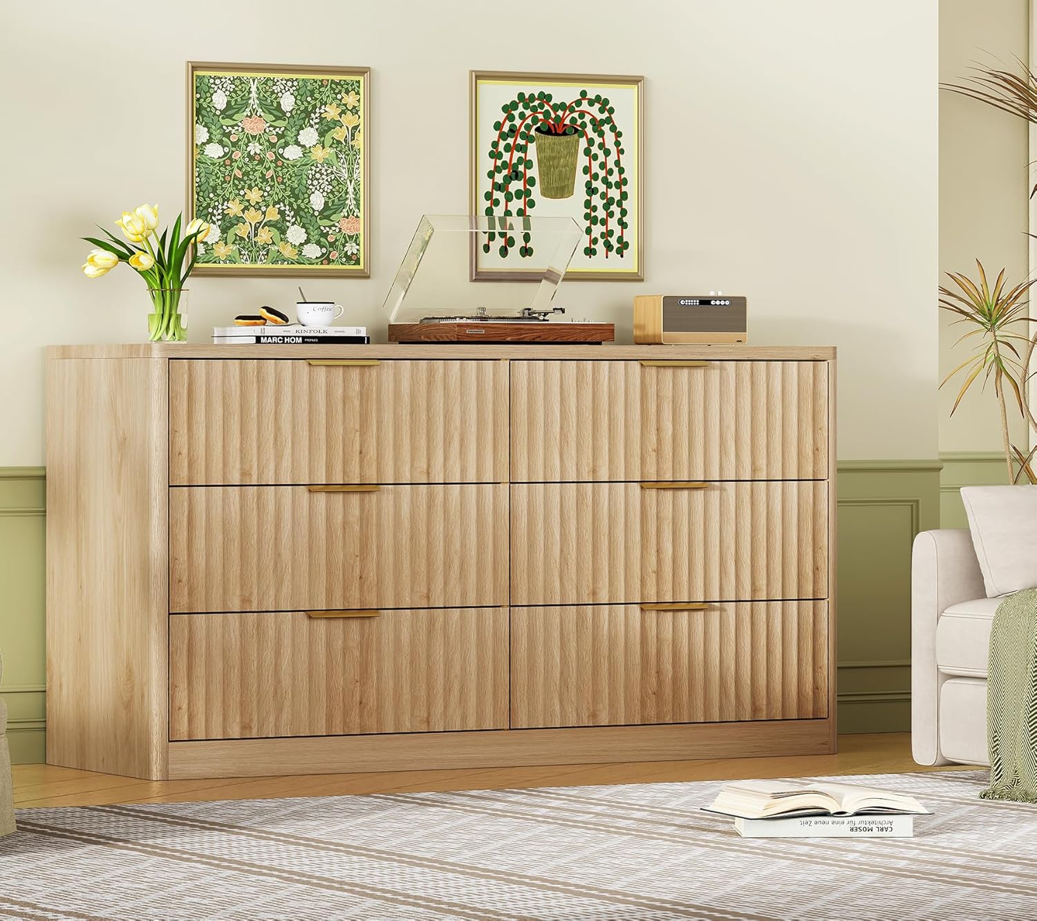 TEENFON Fluted 6 Drawer Dresser for Bedroom, Wide Modern Chest of Drawers with Metal Handle, Curved Profile Design, Wood Closet Clothes Storage Organizer for Bedroom, Living Room, Hallway, Natural - Image 5